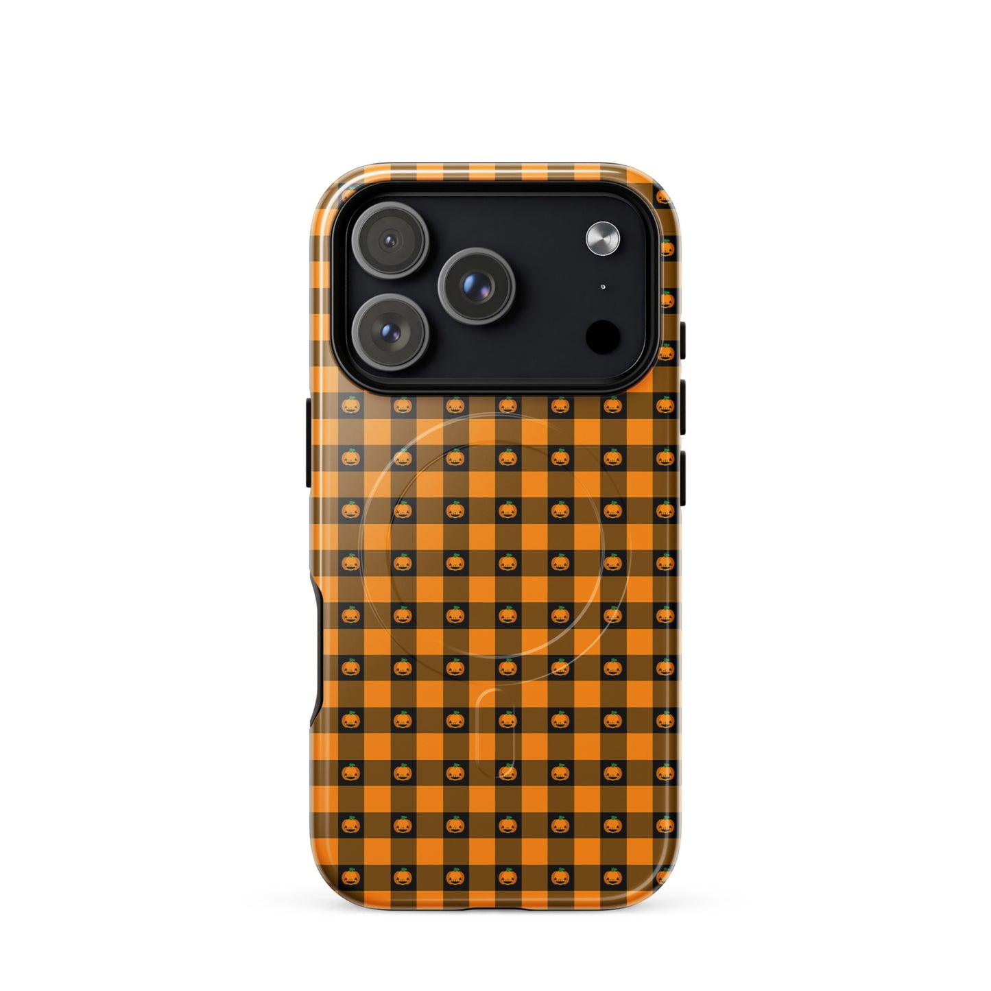 Magnetic Phone Case with Halloween Pumpkin Gingham design for iPhone, featuring jack-o’-lanterns on a bold gingham pattern.