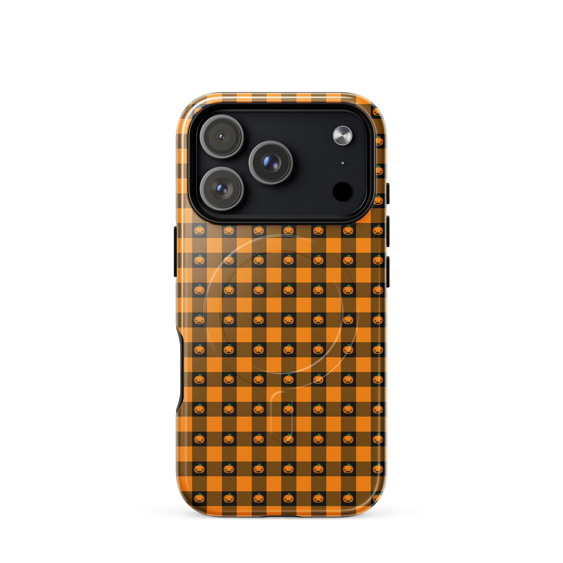 Magnetic Phone Case with Halloween Pumpkin Gingham design for iPhone, featuring jack-o’-lanterns on a bold gingham pattern.