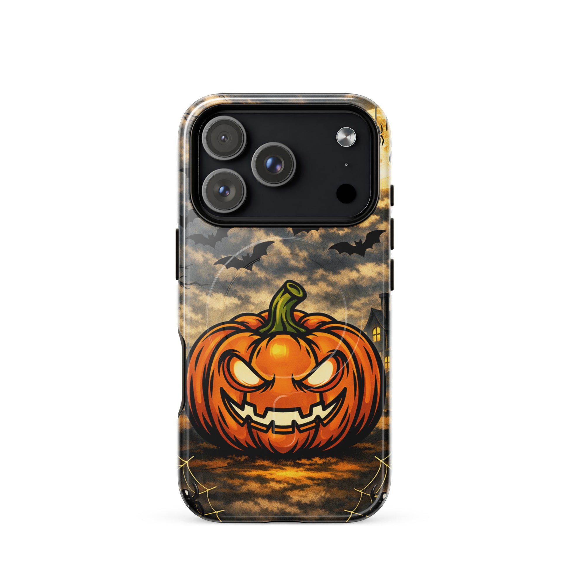 Magnetic Phone Case for iPhone with Halloween pumpkin, bat silhouettes, and haunted house design.