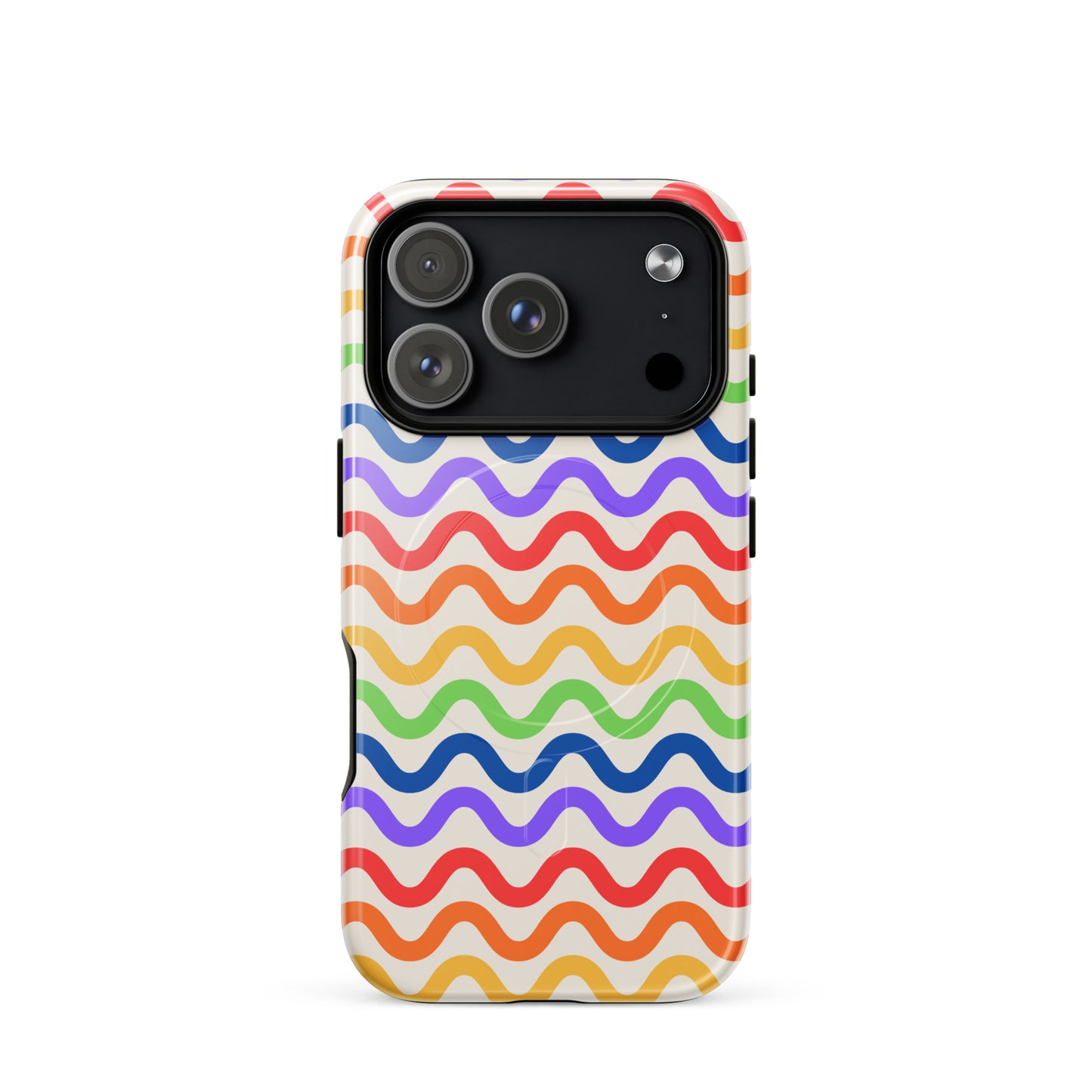 Magnetic Phone Case for iPhone with wavy rainbow groove pattern in purple, red, orange, yellow, green, and blue on white background.