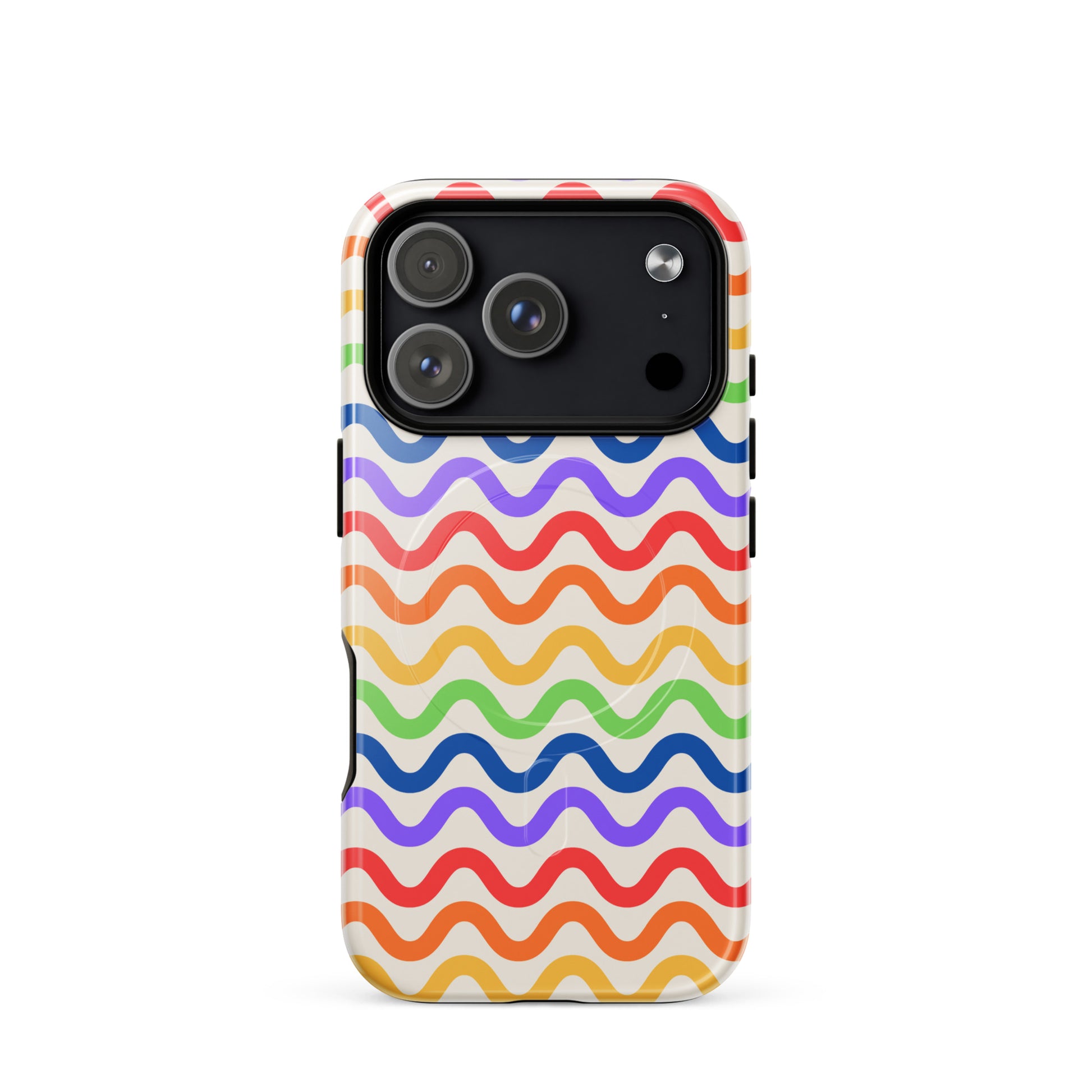Magnetic Phone Case for iPhone with wavy rainbow groove pattern in purple, red, orange, yellow, green, and blue on white background.