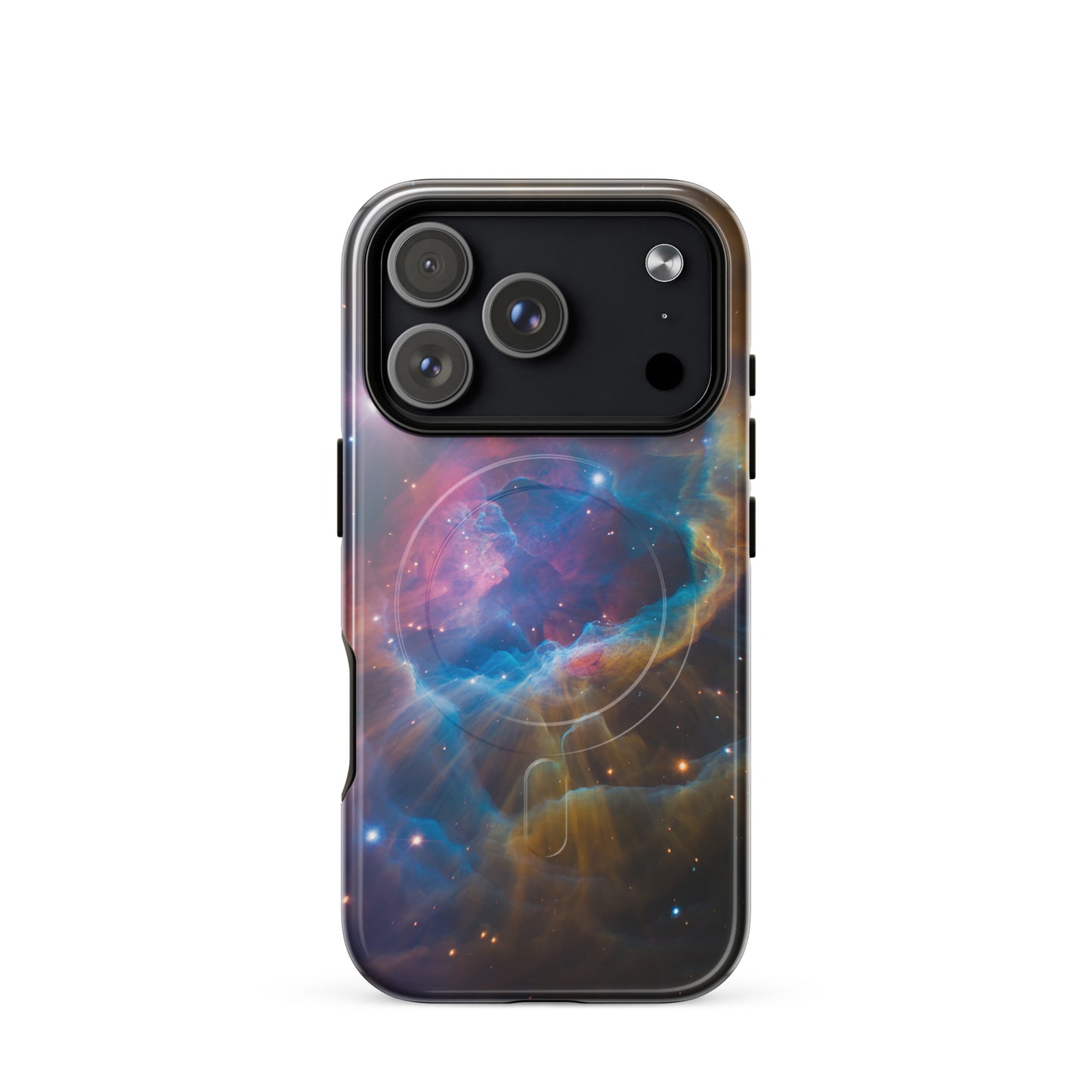 Magnetic Phone Case for iPhone featuring a cosmic nebula design with electric blues and fiery oranges, adding a celestial touch.