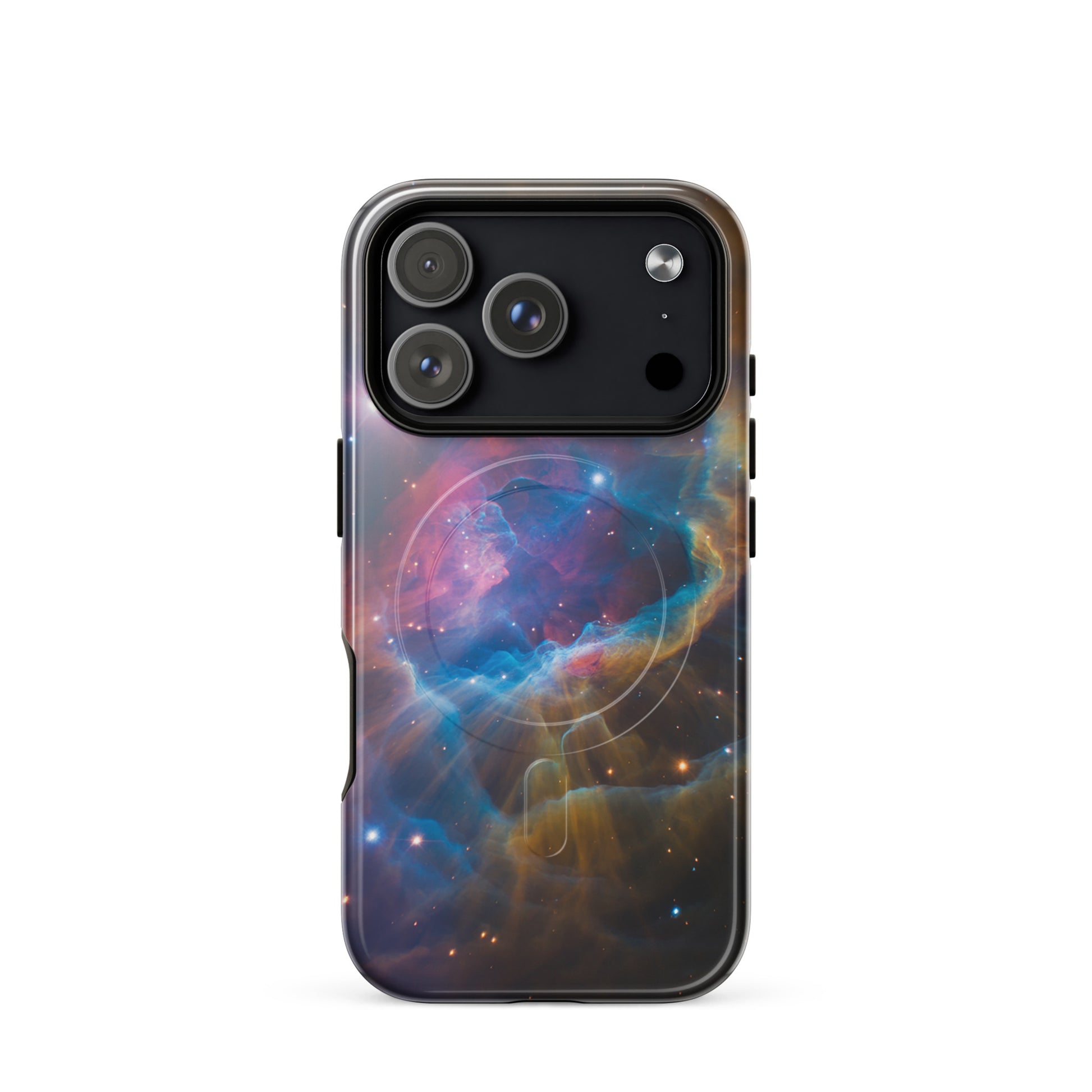 Magnetic Phone Case for iPhone featuring a cosmic nebula design with electric blues and fiery oranges, adding a celestial touch.