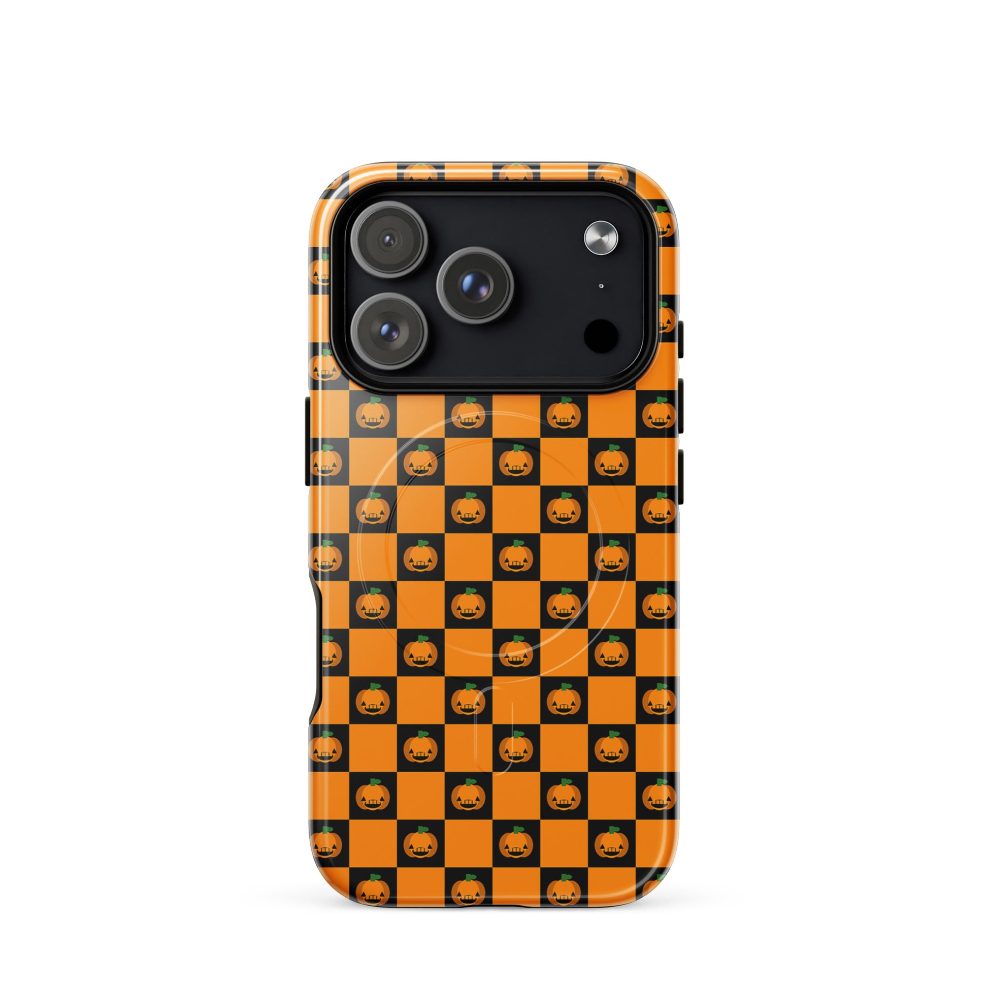 Magnetic Phone Case for iPhone with pumpkin checkered Halloween design in orange and black with jack-o'-lantern pattern.