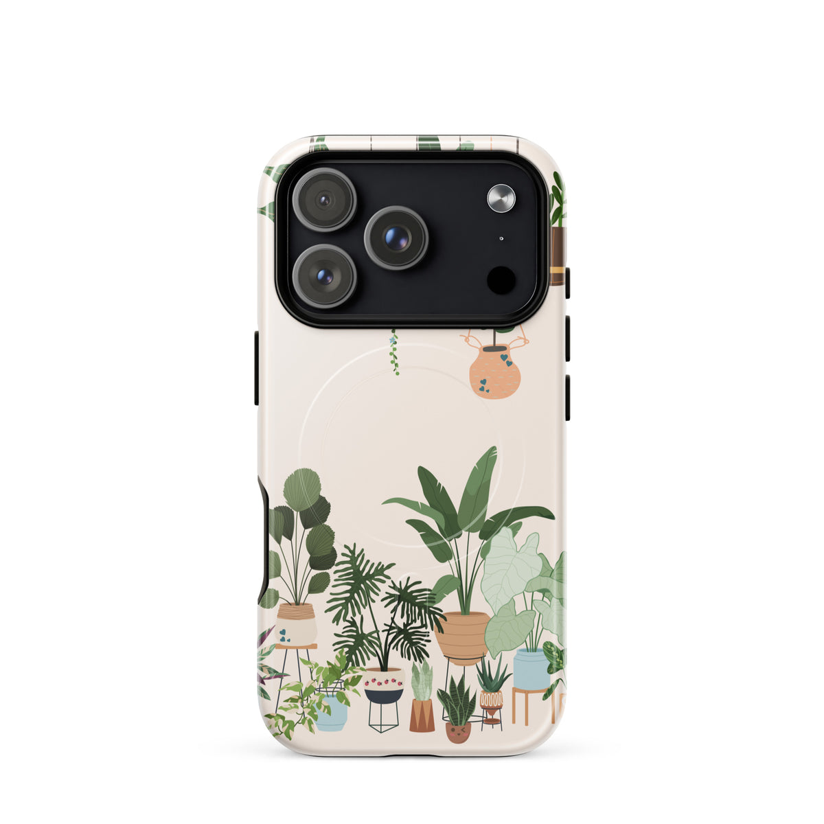Magnetic Phone Case for iPhone - Botanical Bliss with illustrated greenery and hanging planters, perfect for plant lovers.