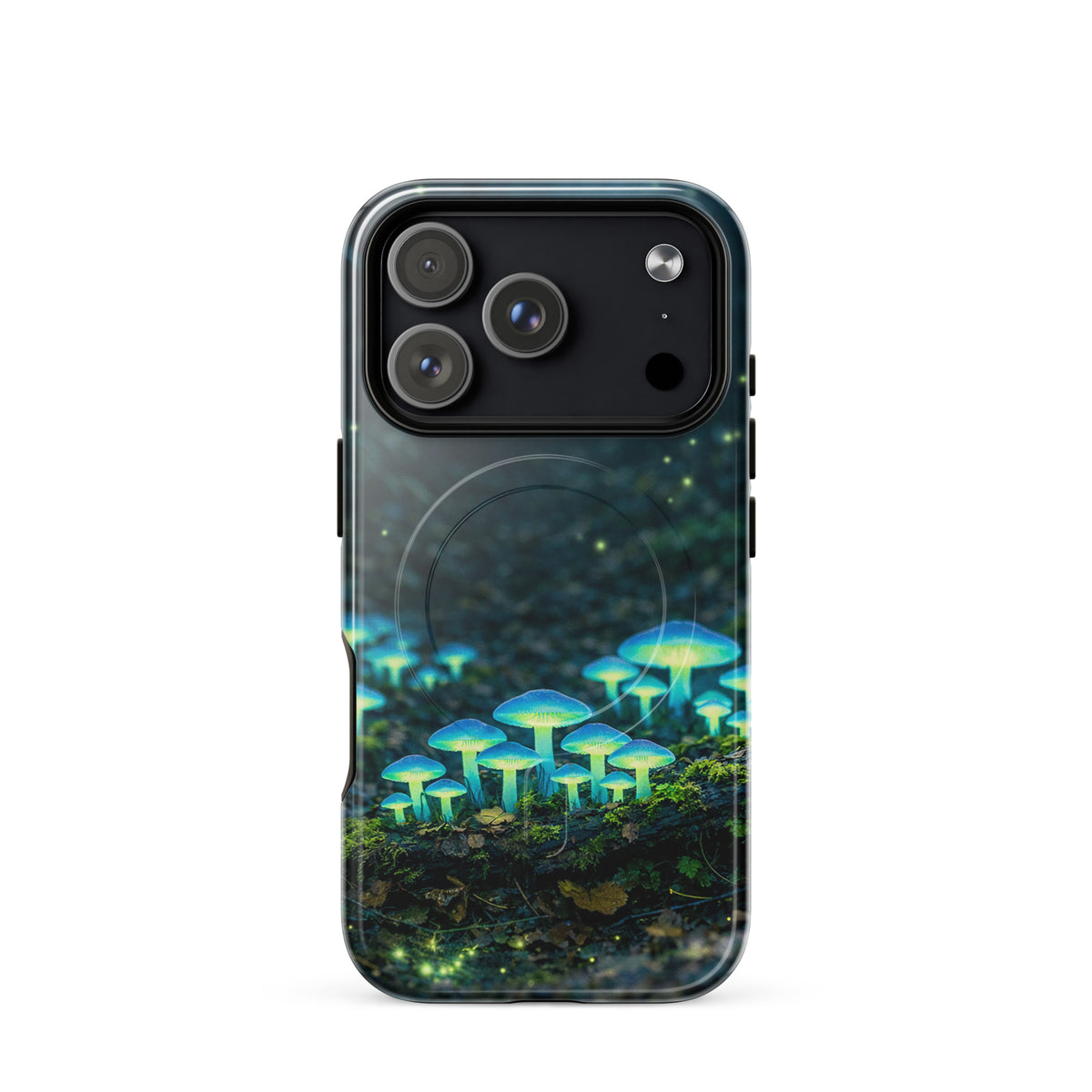 Magnetic Phone Case featuring bioluminescent mushrooms in a forest scene, glowing with ethereal blue-green light.