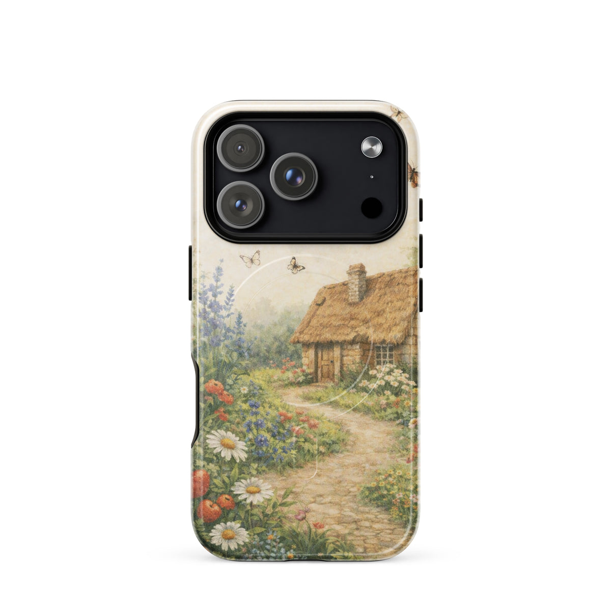 Magnetic Phone Case featuring a cottage garden art design with a thatched-roof cottage and blooming flowers on iPhone case.