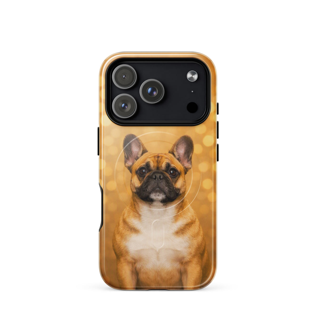 Magnetic Phone Case for iPhone with French Bulldog portrait against golden bokeh background, exuding warmth and playful sophistication.