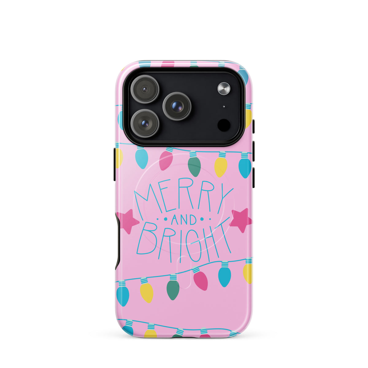 Magnetic Phone Case for iPhone with holiday lights design and 'Merry and Bright' message on pink background