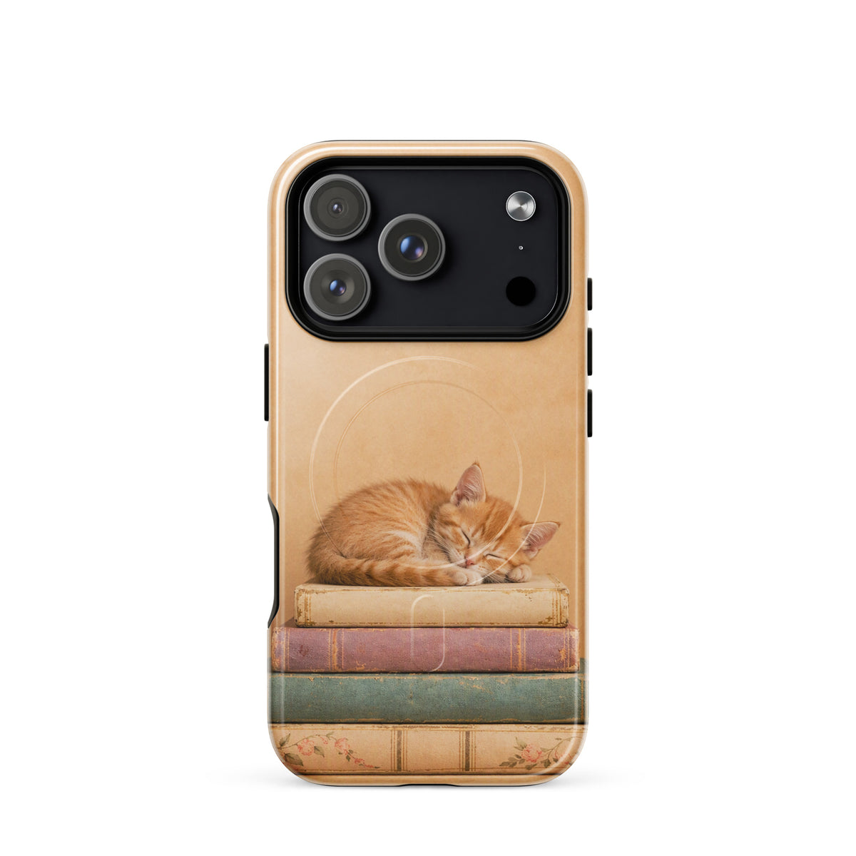 Magnetic Phone Case featuring a sleeping kitten on vintage books design, perfect for cozy and stylish protection.