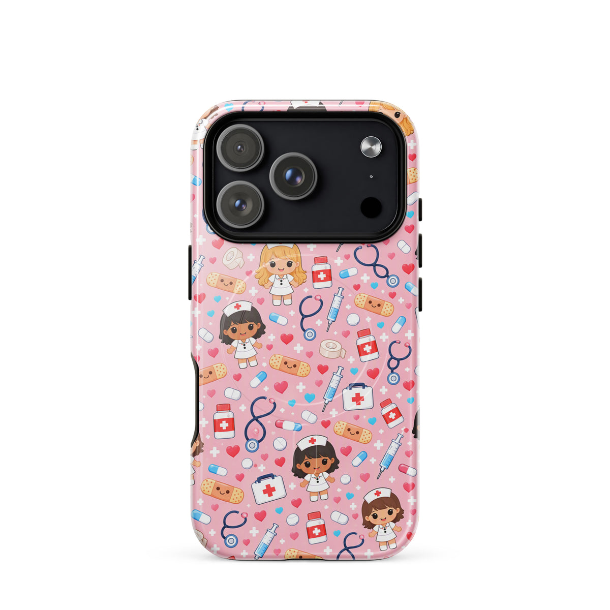 Magnetic Phone Case with kawaii nurse pattern on pink background featuring medical icons like stethoscopes and first aid kits.