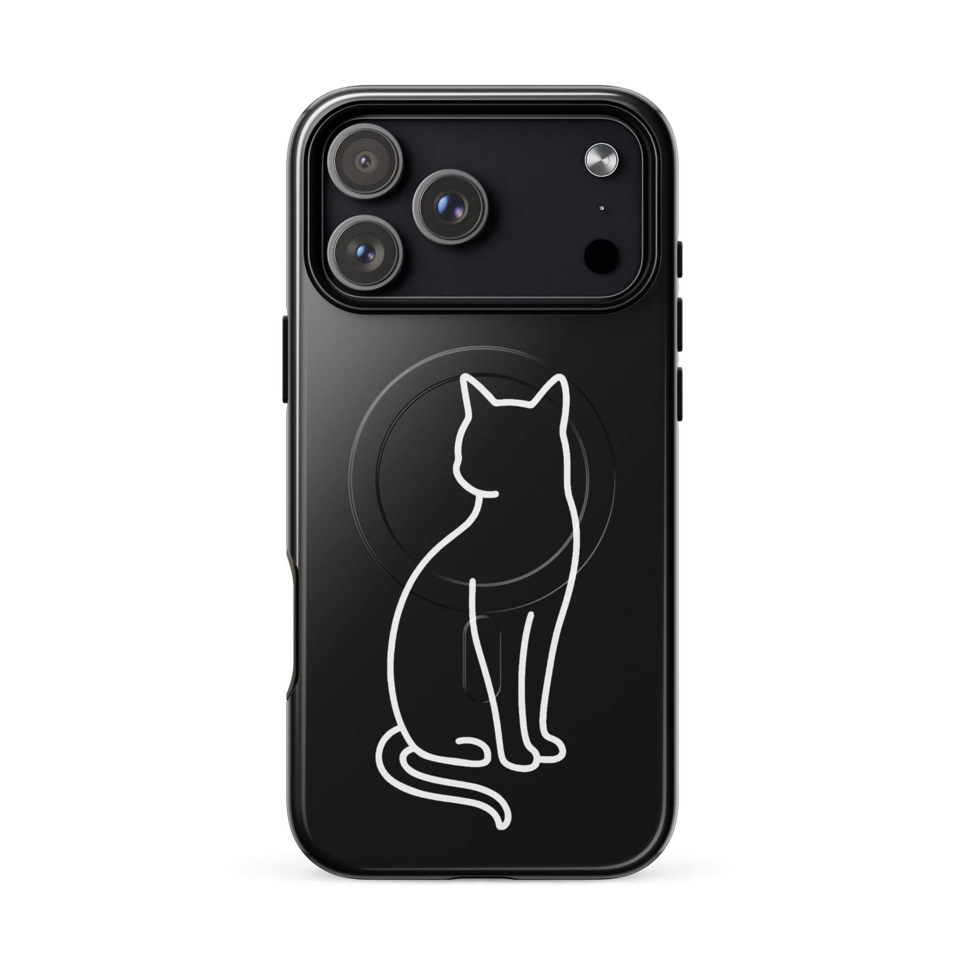 Magnetic Phone Case with stylish cat design, minimalist outline, black color for iPhone protection.