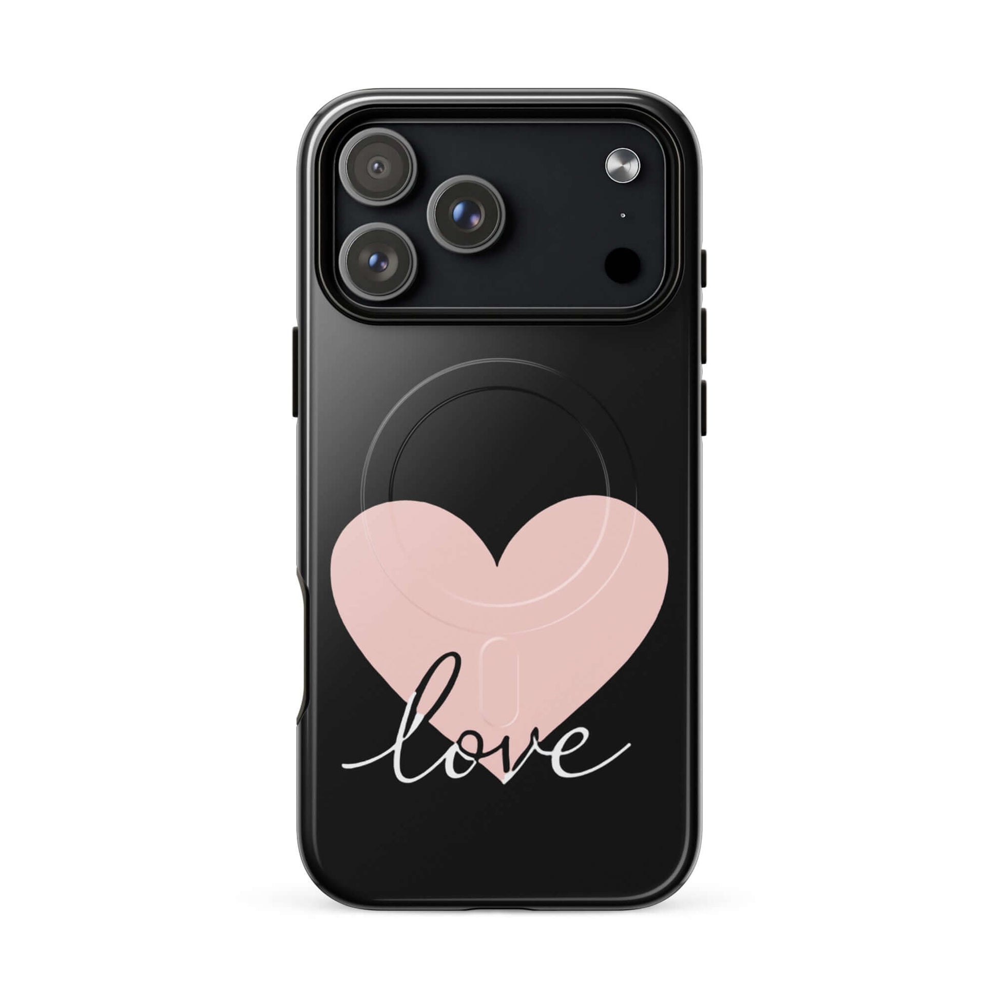 Magnetic Phone Case featuring a pink heart and script 'love' design, offering protection with a romantic twist.