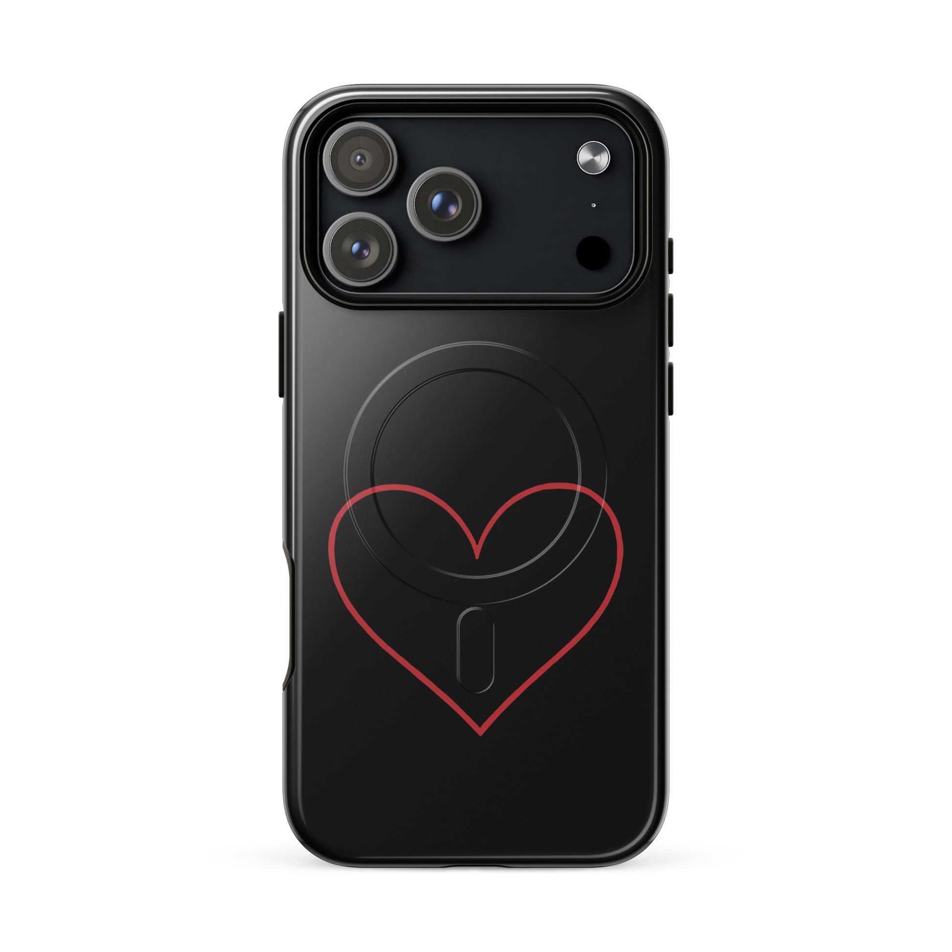 Magnetic Phone Case for iPhone featuring a minimalist crimson heart design on a sleek black background.