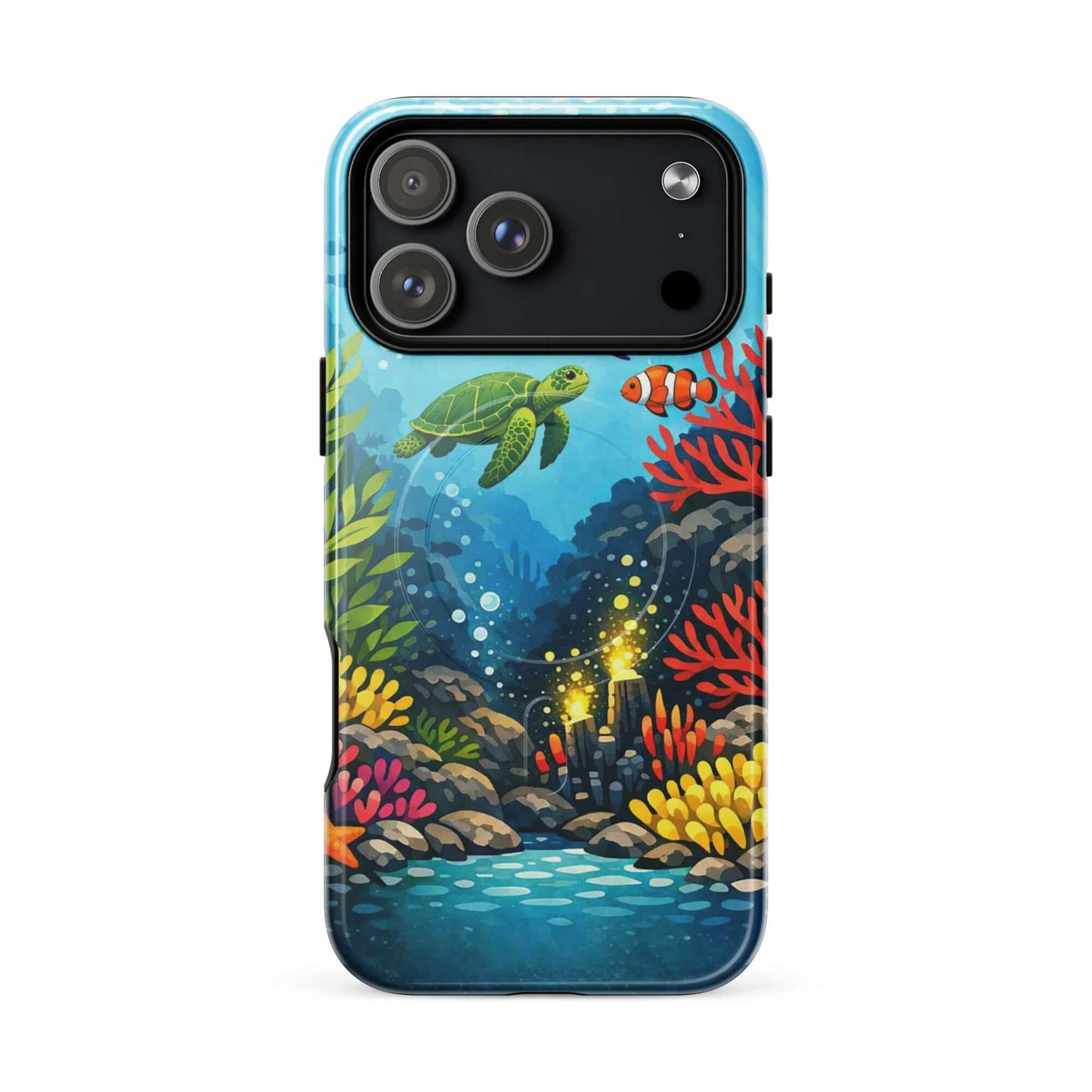 Magnetic Phone Case featuring vibrant sea turtle and colorful coral reef design, perfect for marine life lovers.
