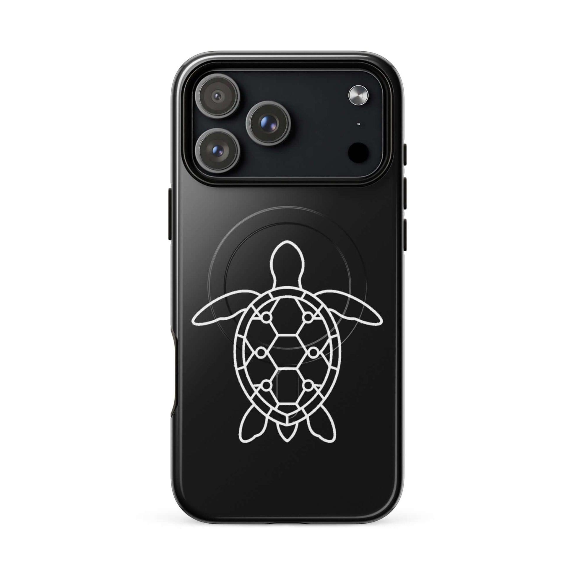 Magnetic Phone Case featuring a minimalist sea turtle silhouette design on a sleek black background.