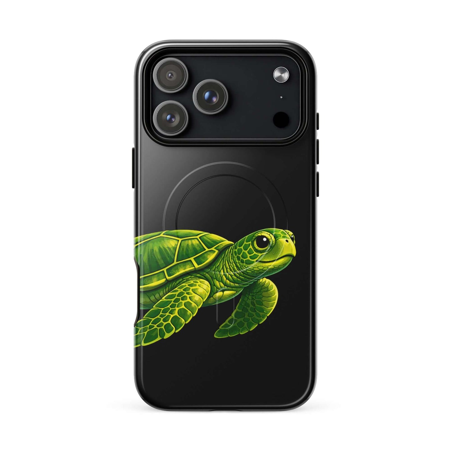 Magnetic Phone Case featuring a vibrant sea turtle design on a sleek black background.