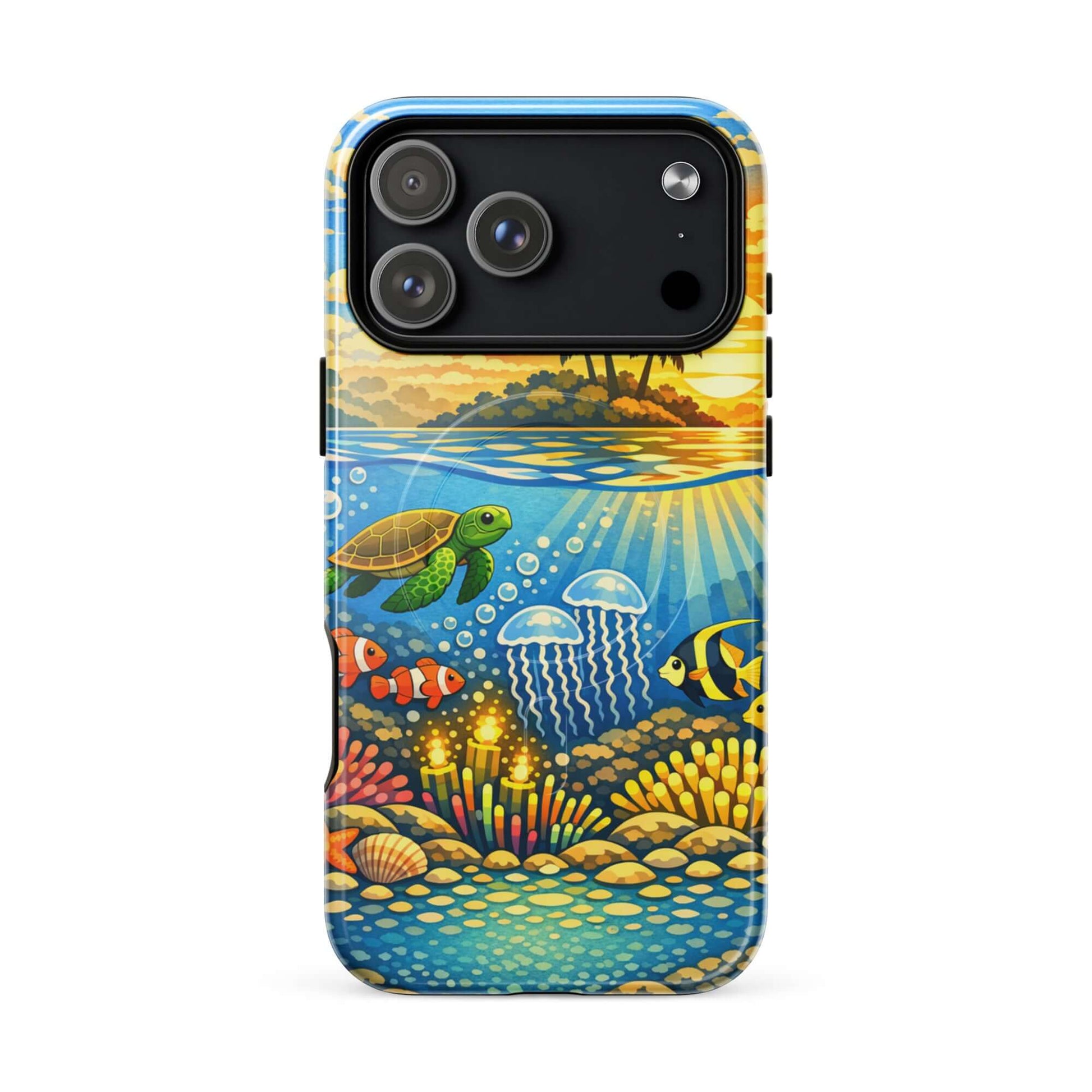Magnetic Phone Case featuring a tropical sunset and vibrant underwater reef with sea turtles and clownfish.