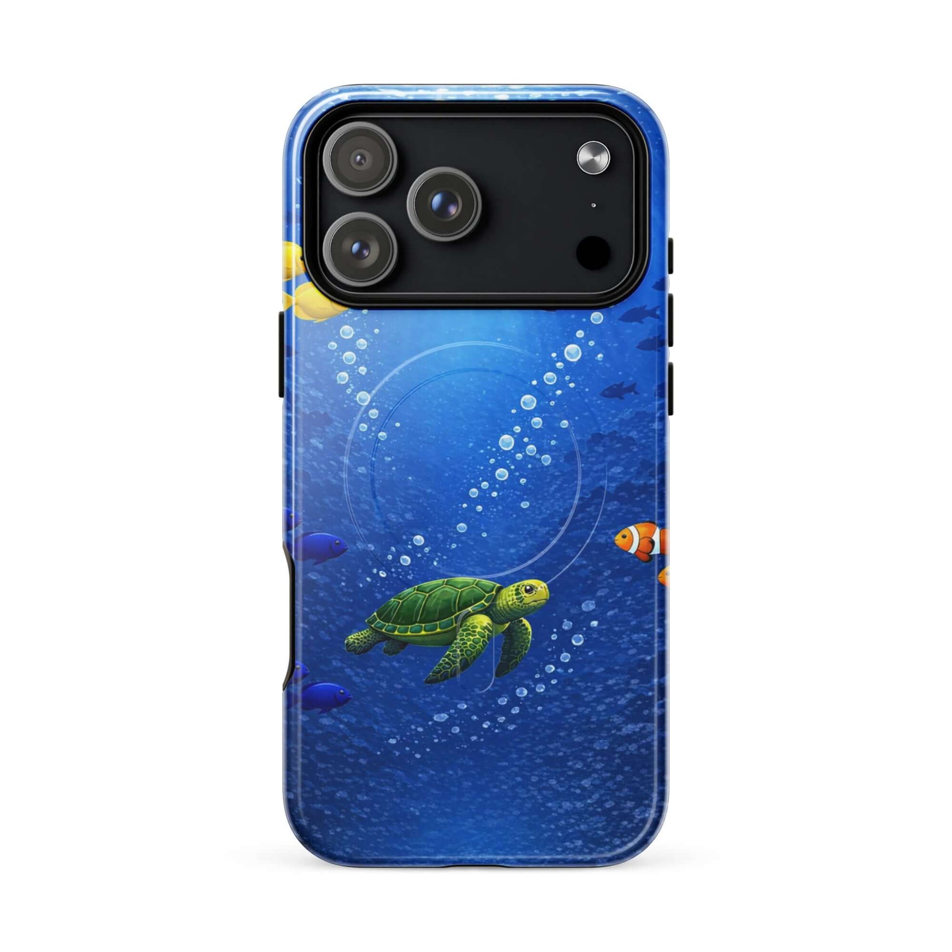 Magnetic Phone Case featuring a vibrant sea turtle and tropical fish design on a deep blue background.