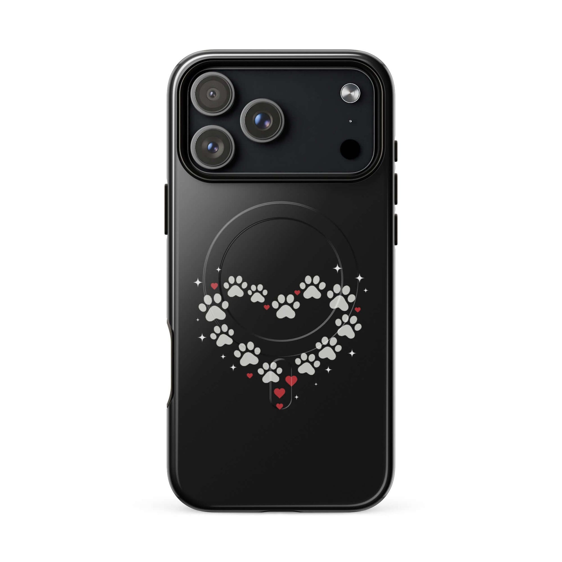 Magnetic Phone Case featuring paw-print heart design on a sleek black background.