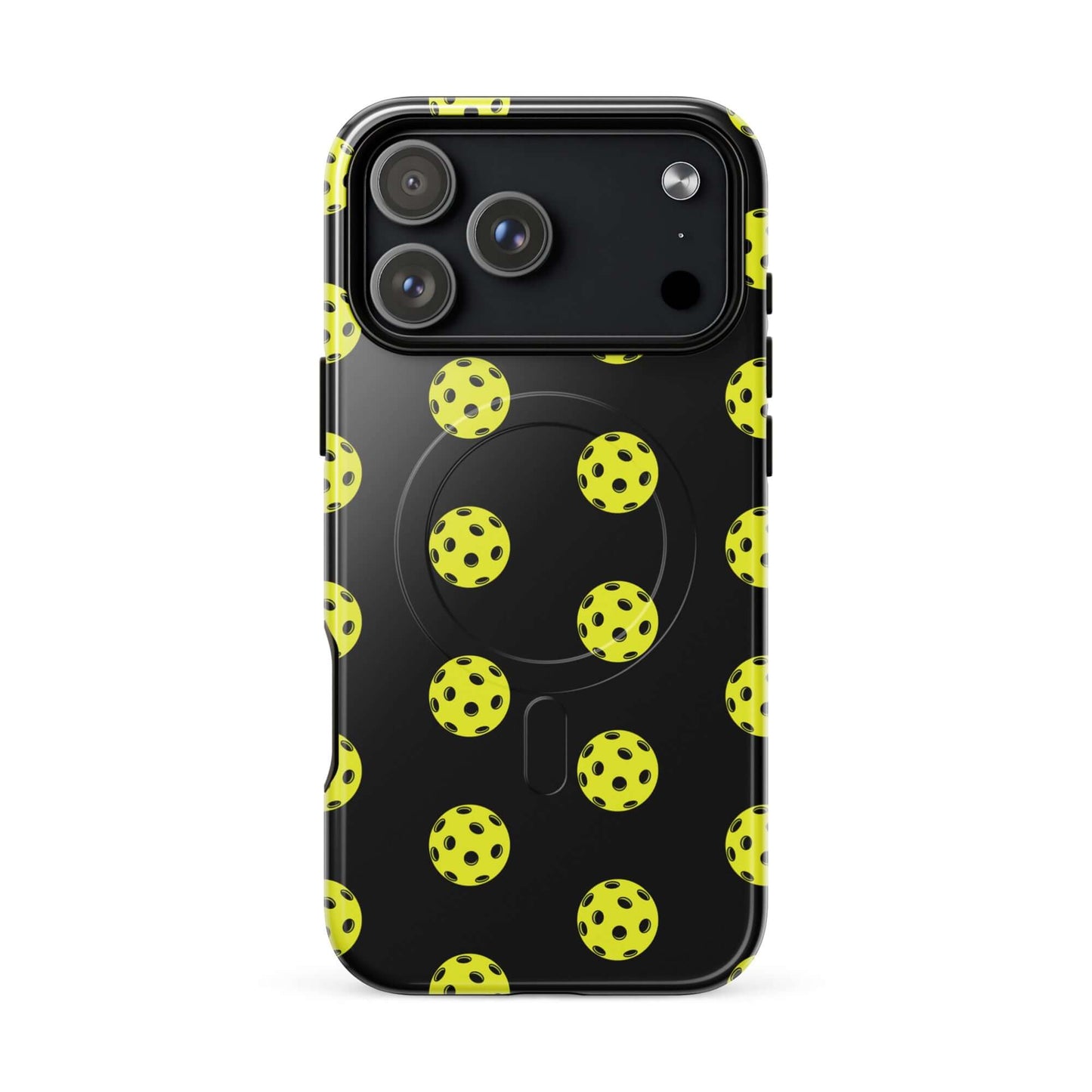 Magnetic Phone Case featuring a playful pickleball pattern in bold yellow and black design.