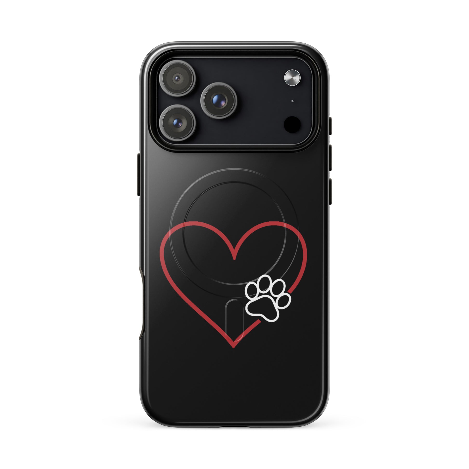Magnetic Phone Case for iPhone with heart and paw print design on black background symbolizing love and pet devotion.