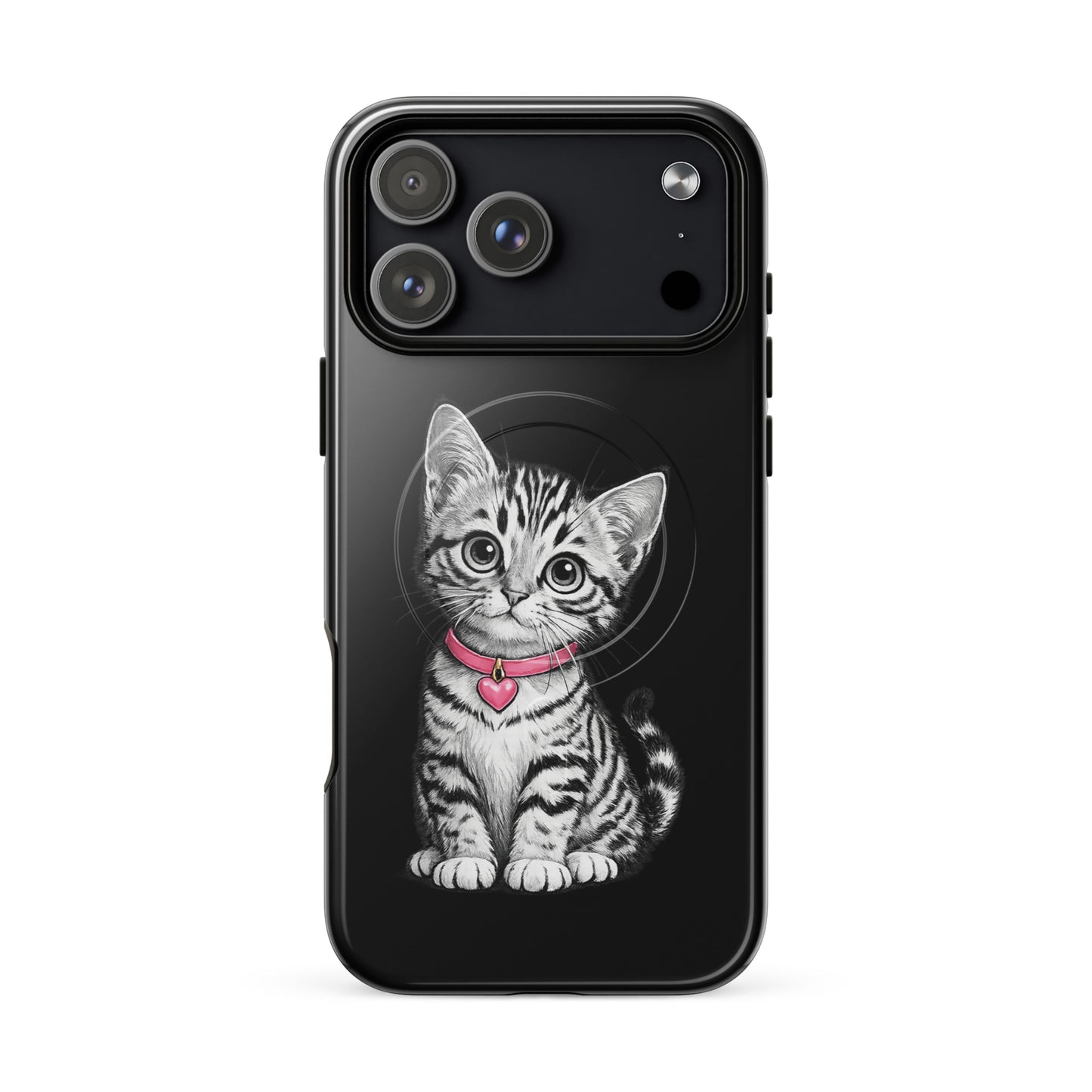 Magnetic Phone Case featuring a pencil-sketch kitten with a pink collar and heart charm, designed for iPhone.