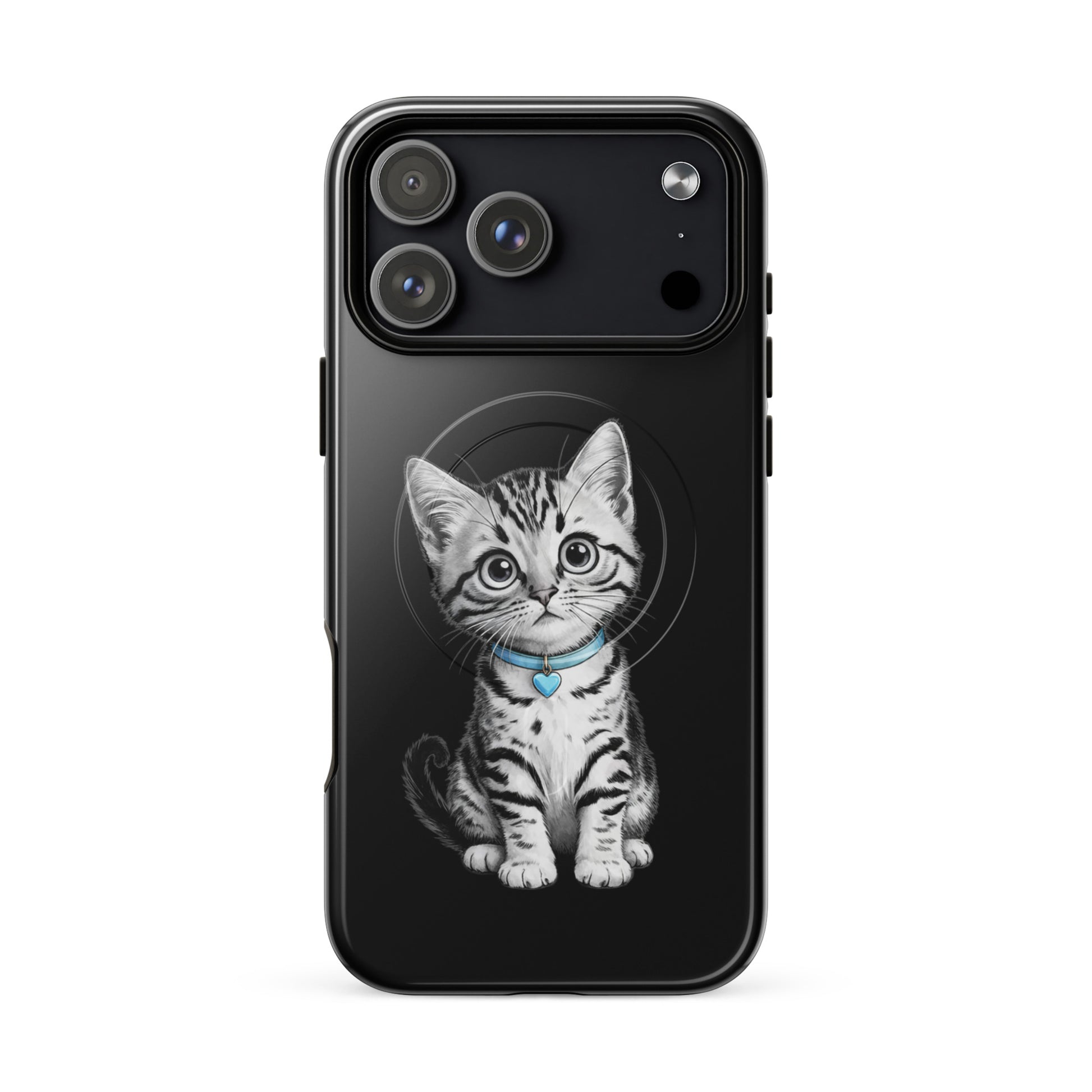Magnetic Phone Case with pencil-sketch kitten design, featuring blue collar and heart charm on iPhone, artistic black-and-white detail