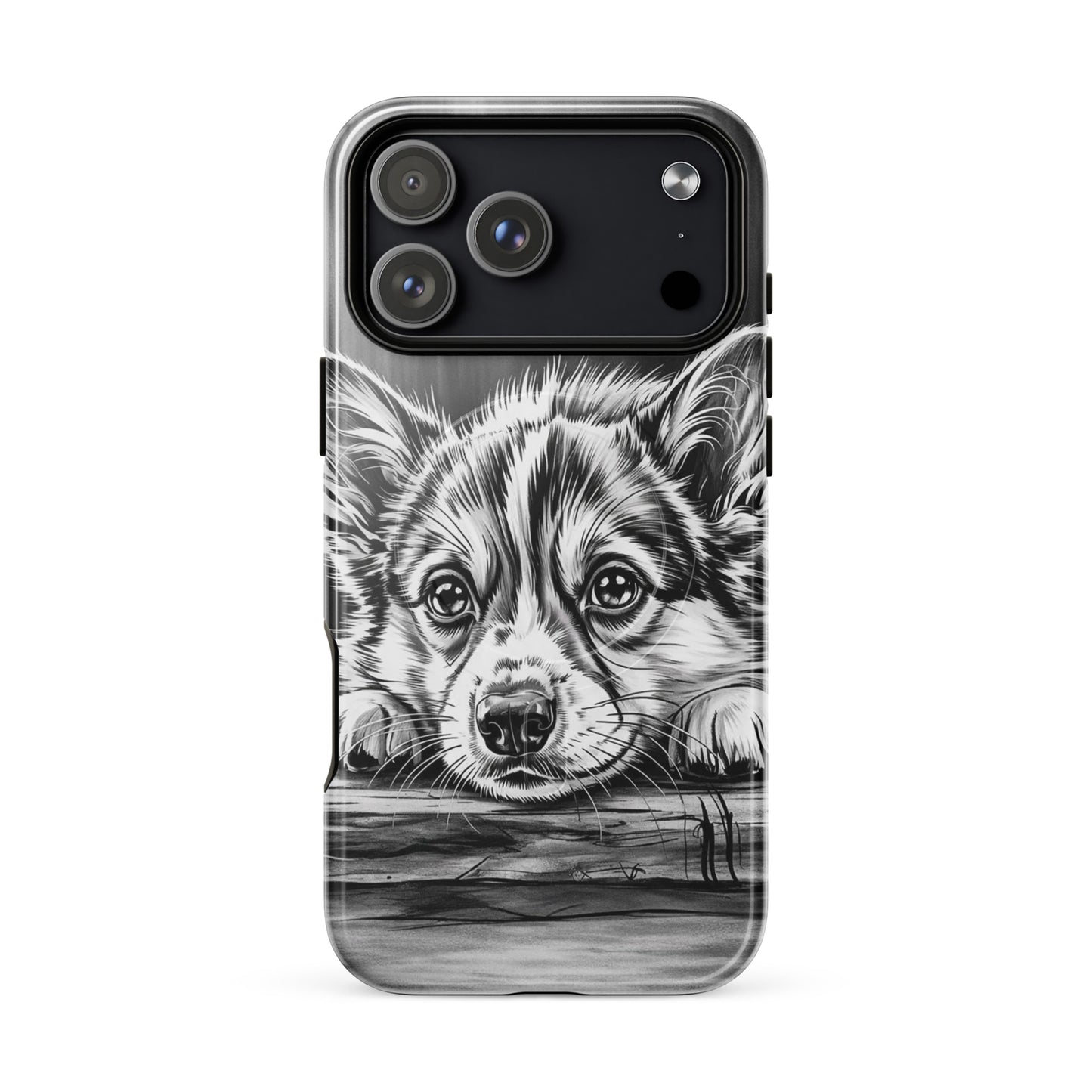 Magnetic Phone Case for iPhone featuring elegant black-and-white puppy art with wooden texture, offering luxury protection and charm.