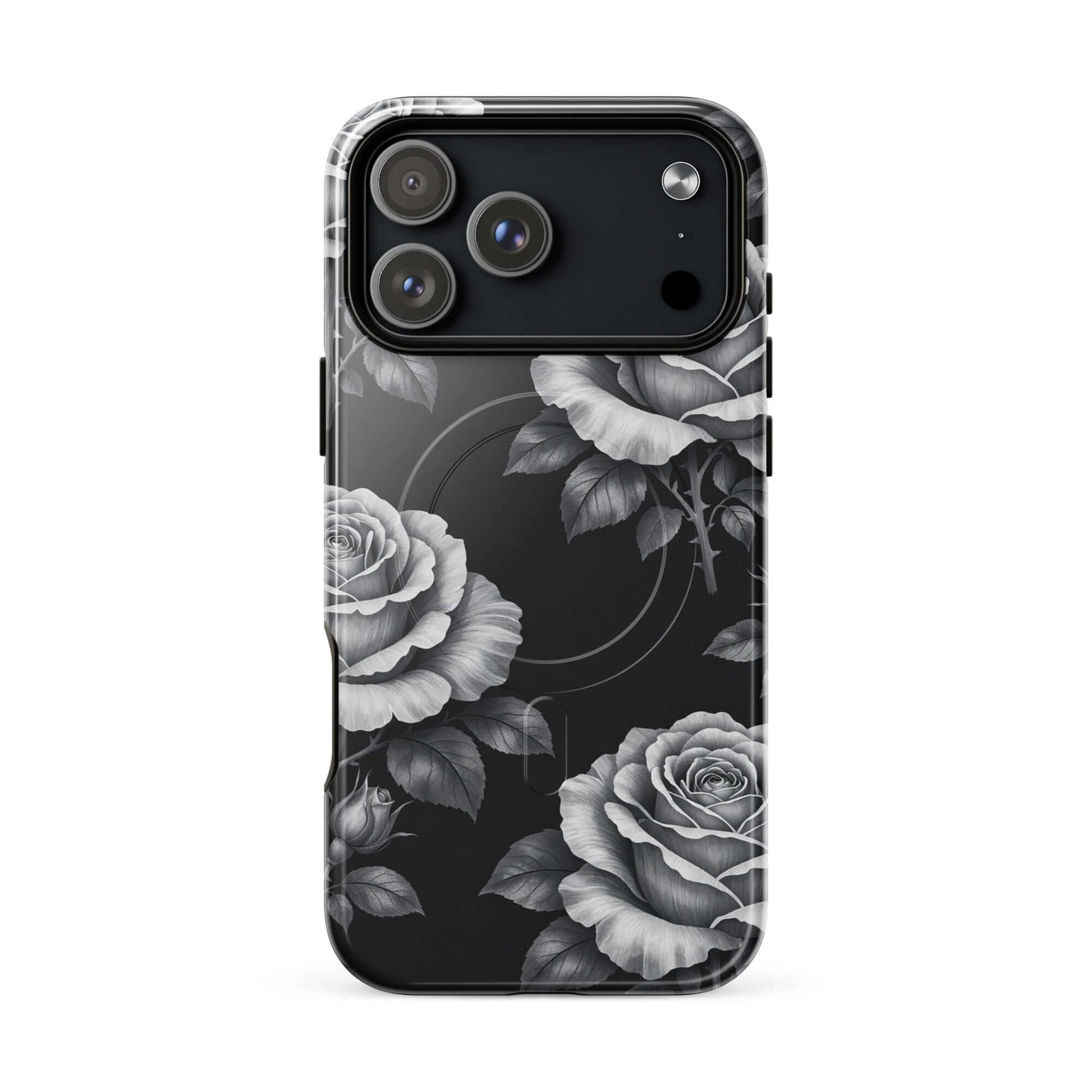 Magnetic Phone Case with rose pattern on black background for iPhone, elegant floral design, Rose Garden Tough Case.