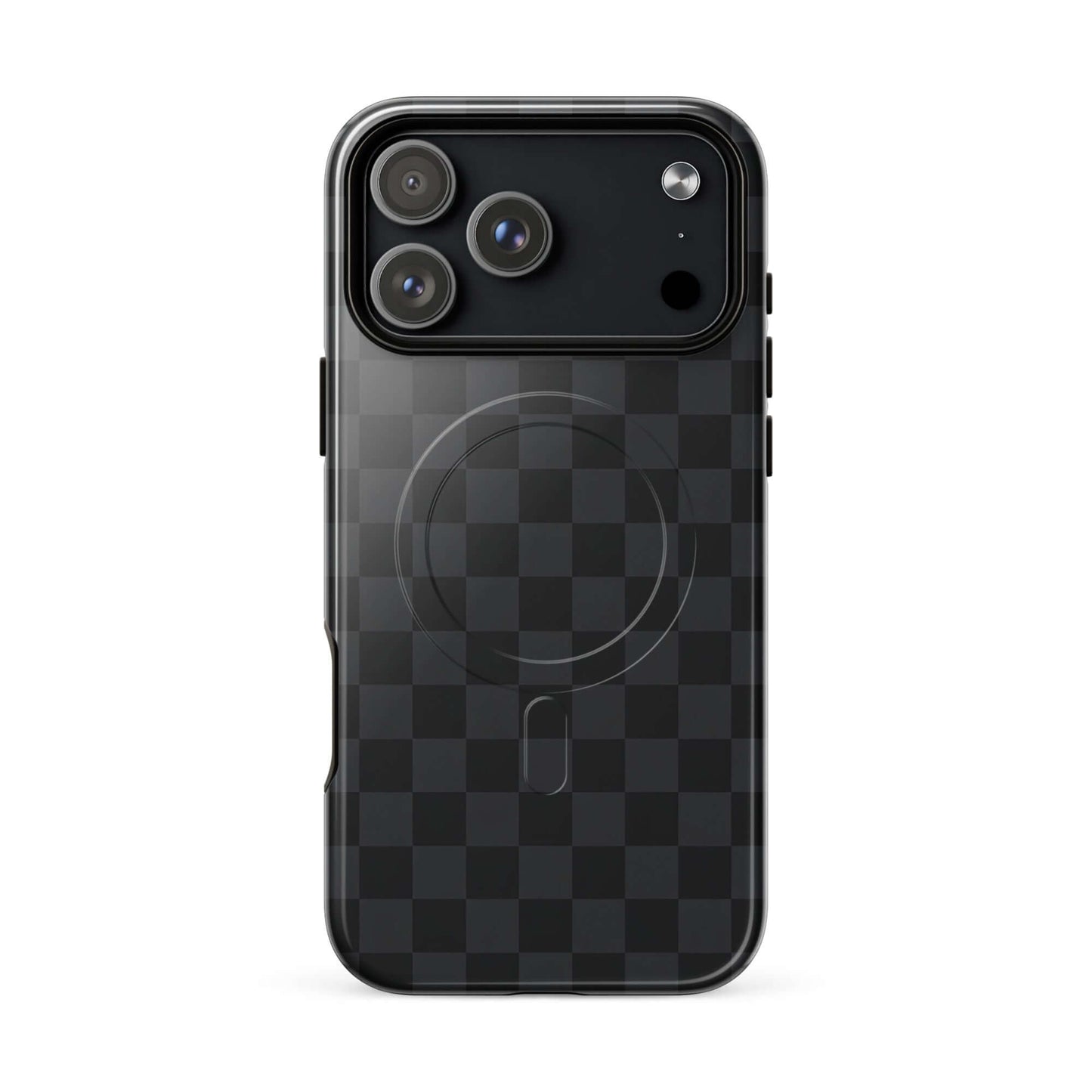 Magnetic Phone Case with black and charcoal checkered design for iPhone.