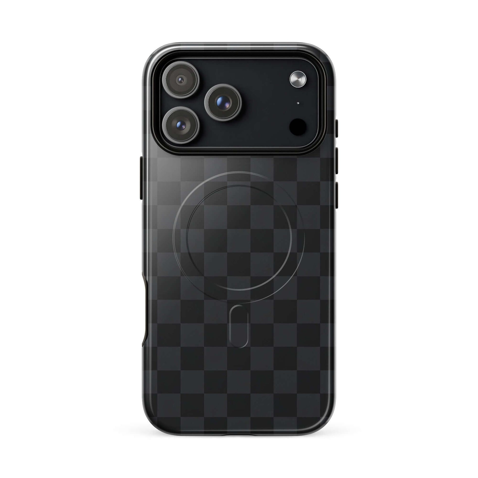 Magnetic Phone Case with black and charcoal checkered design for iPhone.