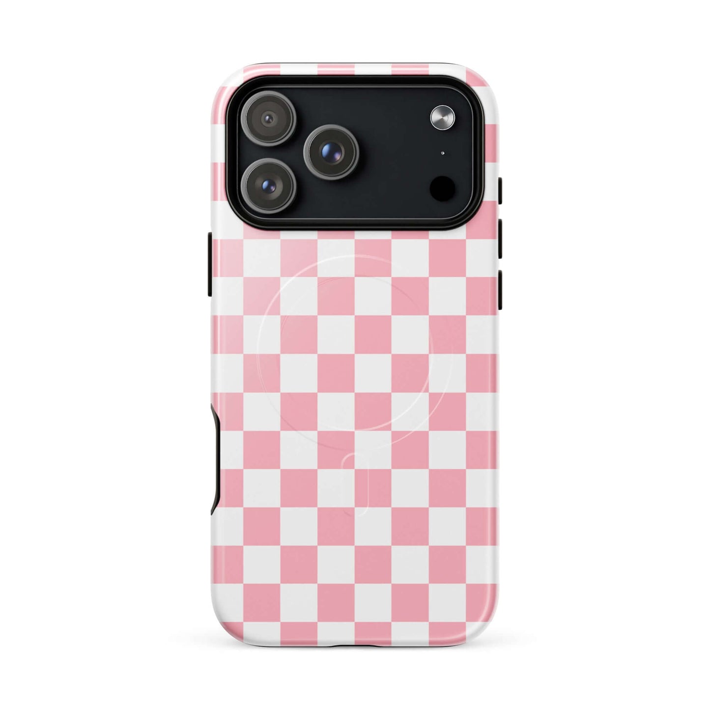 Magnetic Phone Case for iPhone with playful pink-and-white checkered pattern