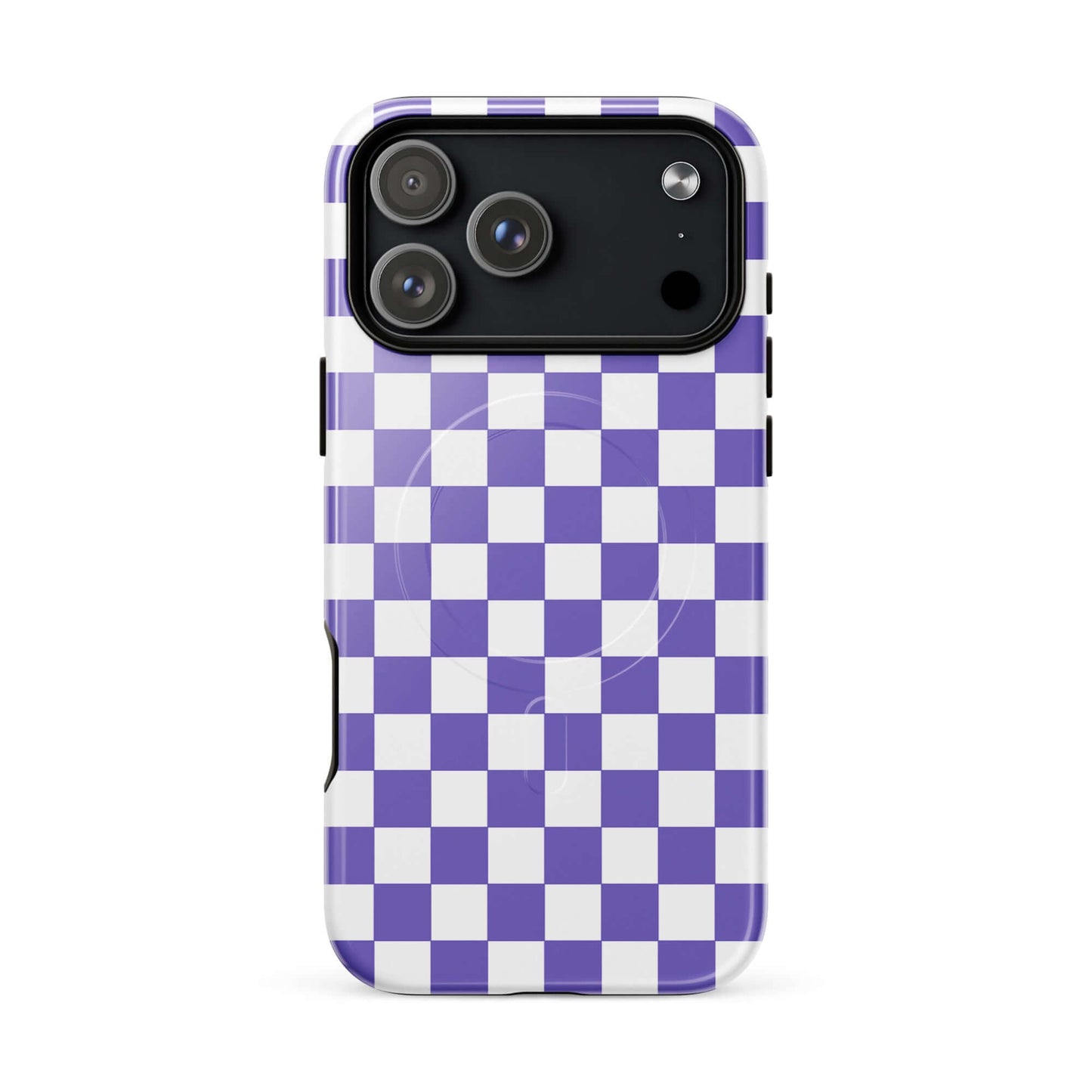 Purple & white checkered Magnetic Phone Case for iPhone showcasing bold style and playful charm.