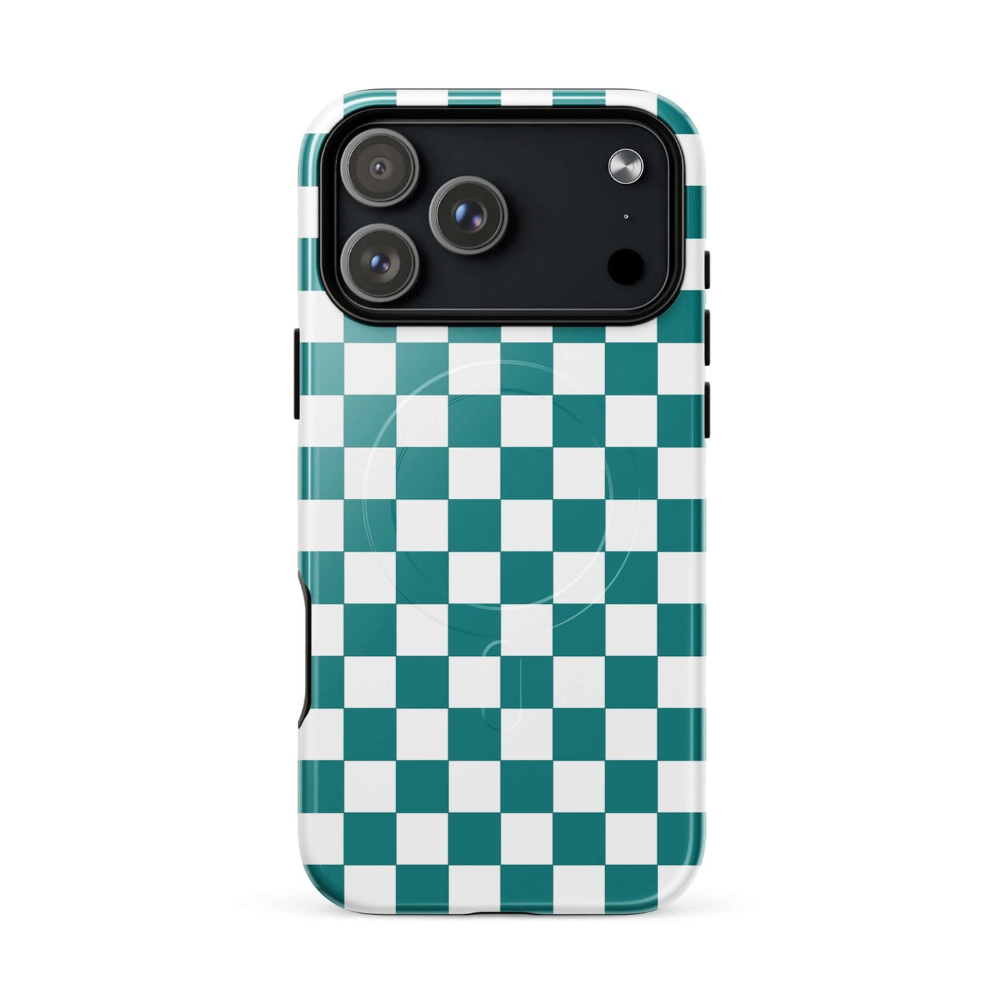 Magnetic Phone Case with teal and white checkered design, adding a bold and playful look to your phone, perfect for style and selfies.