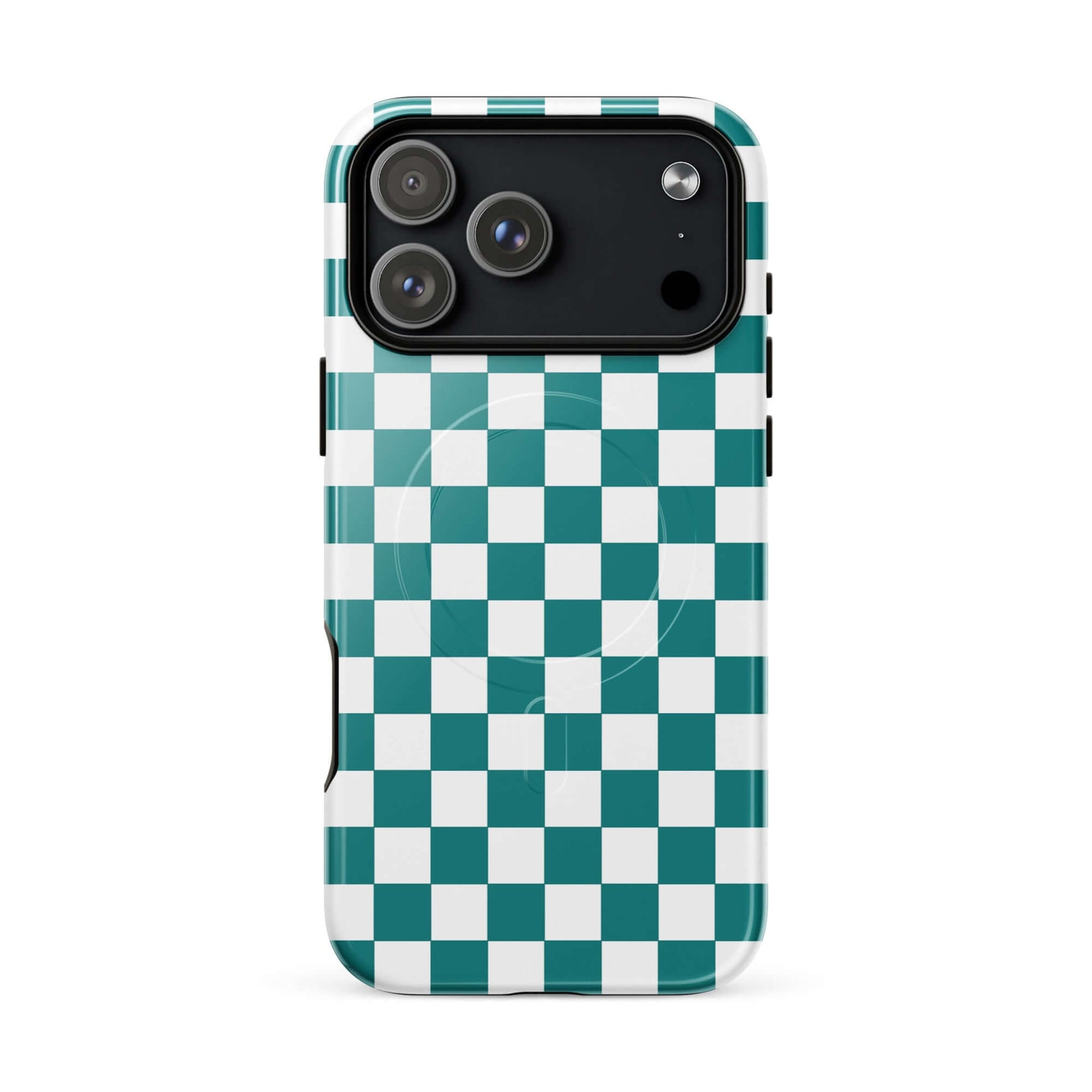 Magnetic Phone Case with teal and white checkered design, adding a bold and playful look to your phone, perfect for style and selfies.