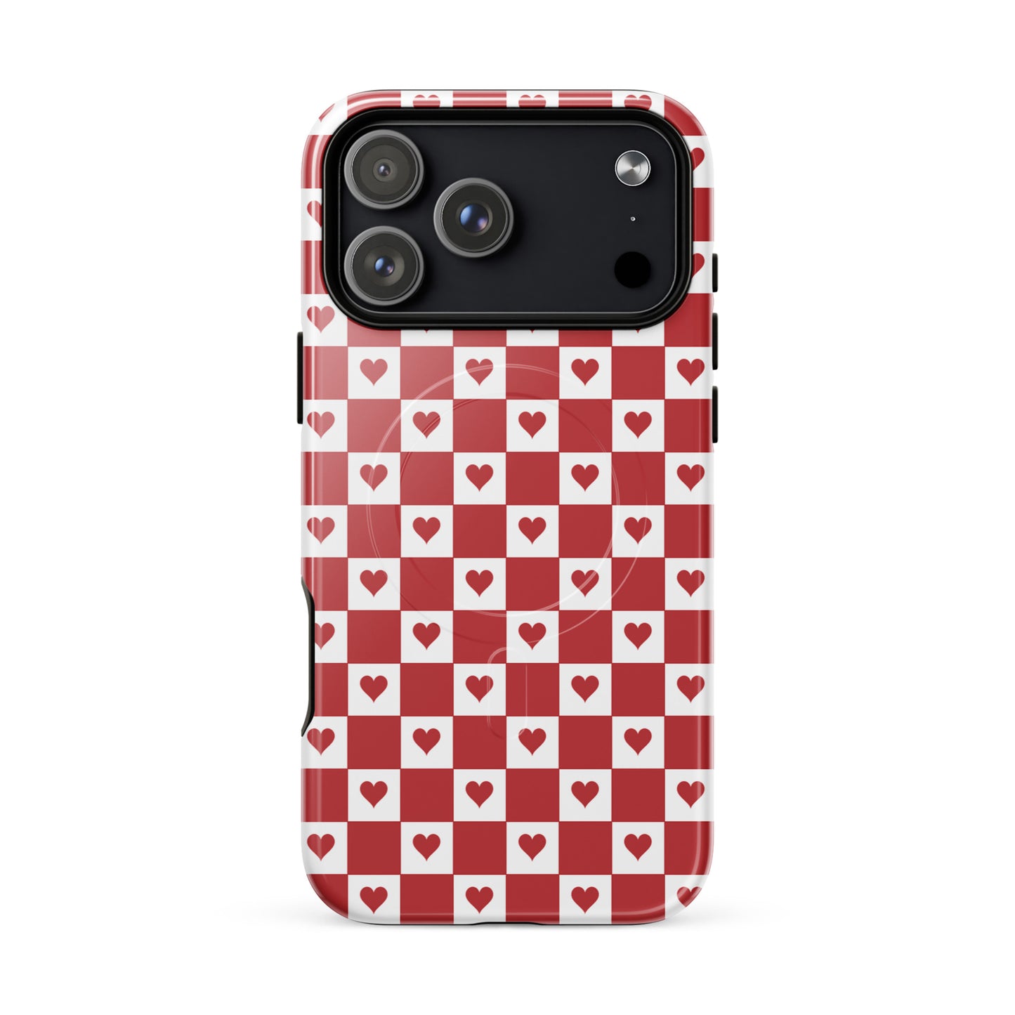 Magnetic Phone Case with cute red heart checkered design for iPhone, featuring charming red and white pattern and crimson hearts.