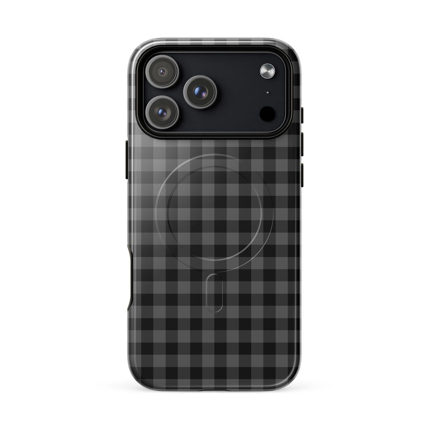 Magnetic Phone Case with black-and-charcoal gingham pattern for iPhone, offering style and durability.