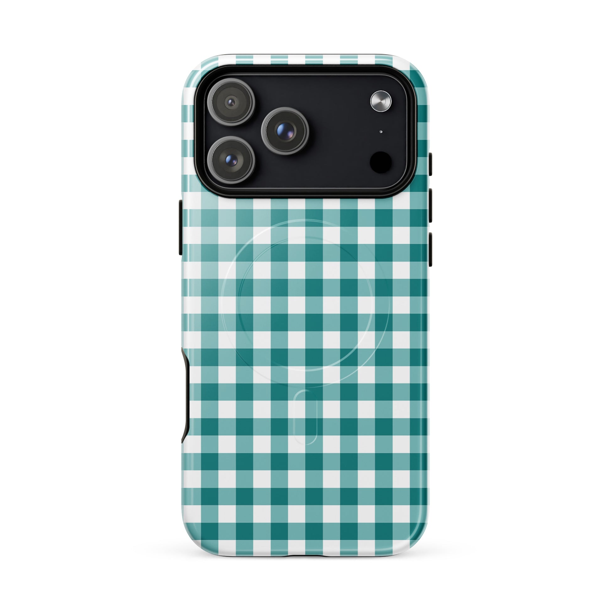 Magnetic Phone Case for iPhone with teal-and-white gingham pattern, offering stylish protection.