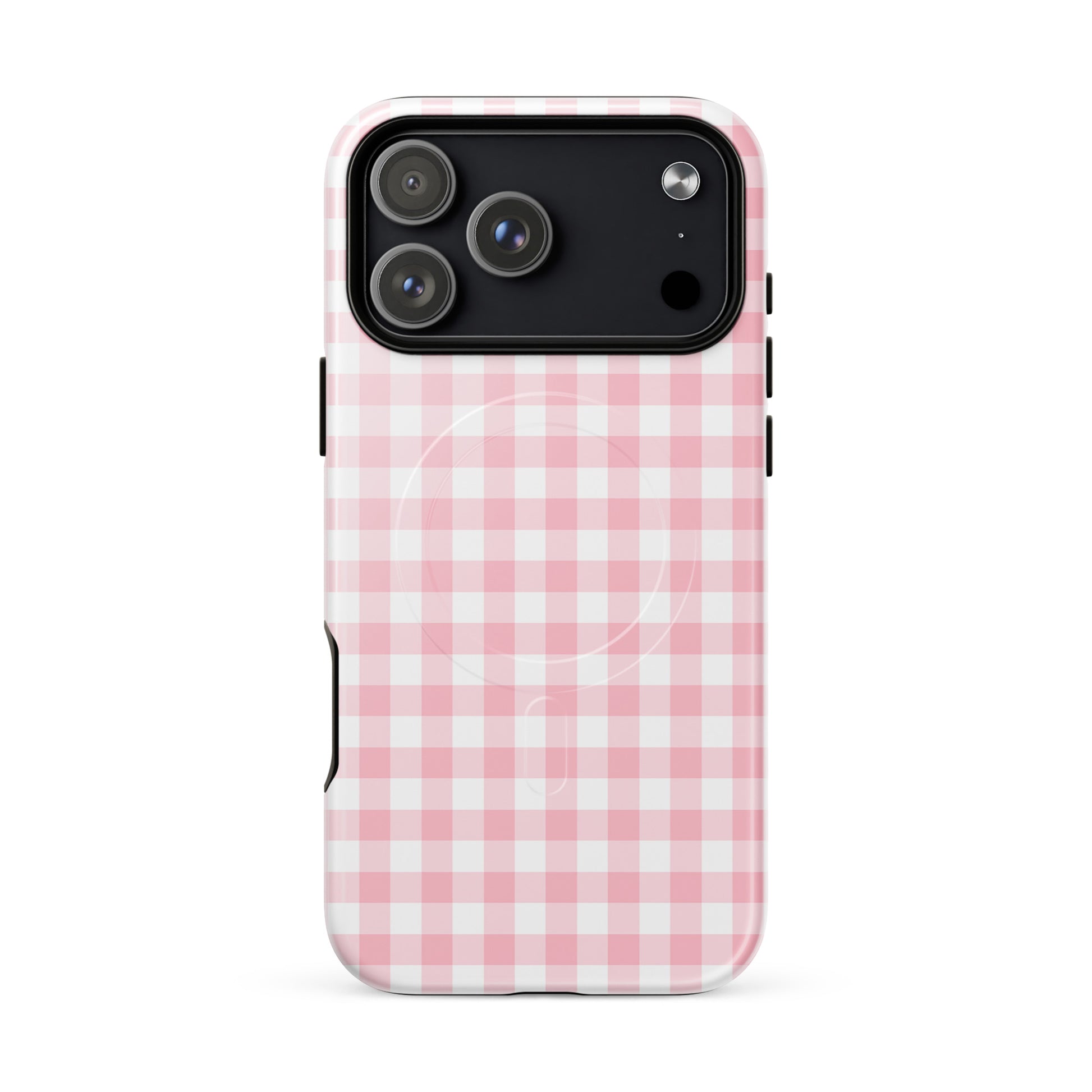 Magnetic Phone Case for iPhone in pink gingham pattern, combining style with protection and luxury.