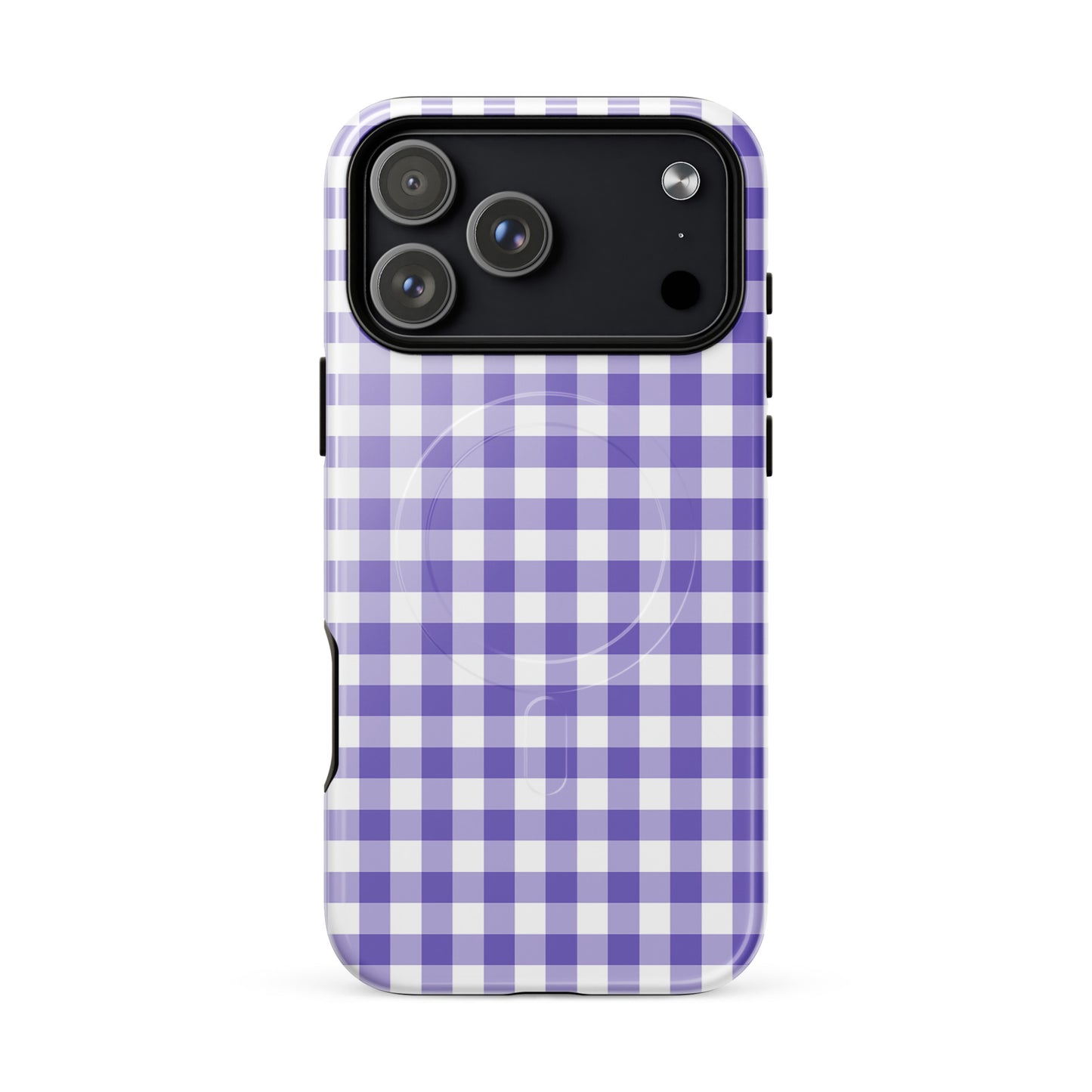 Magnetic Phone Case with gingham pattern for iPhone in purple and white, blending style and protection.