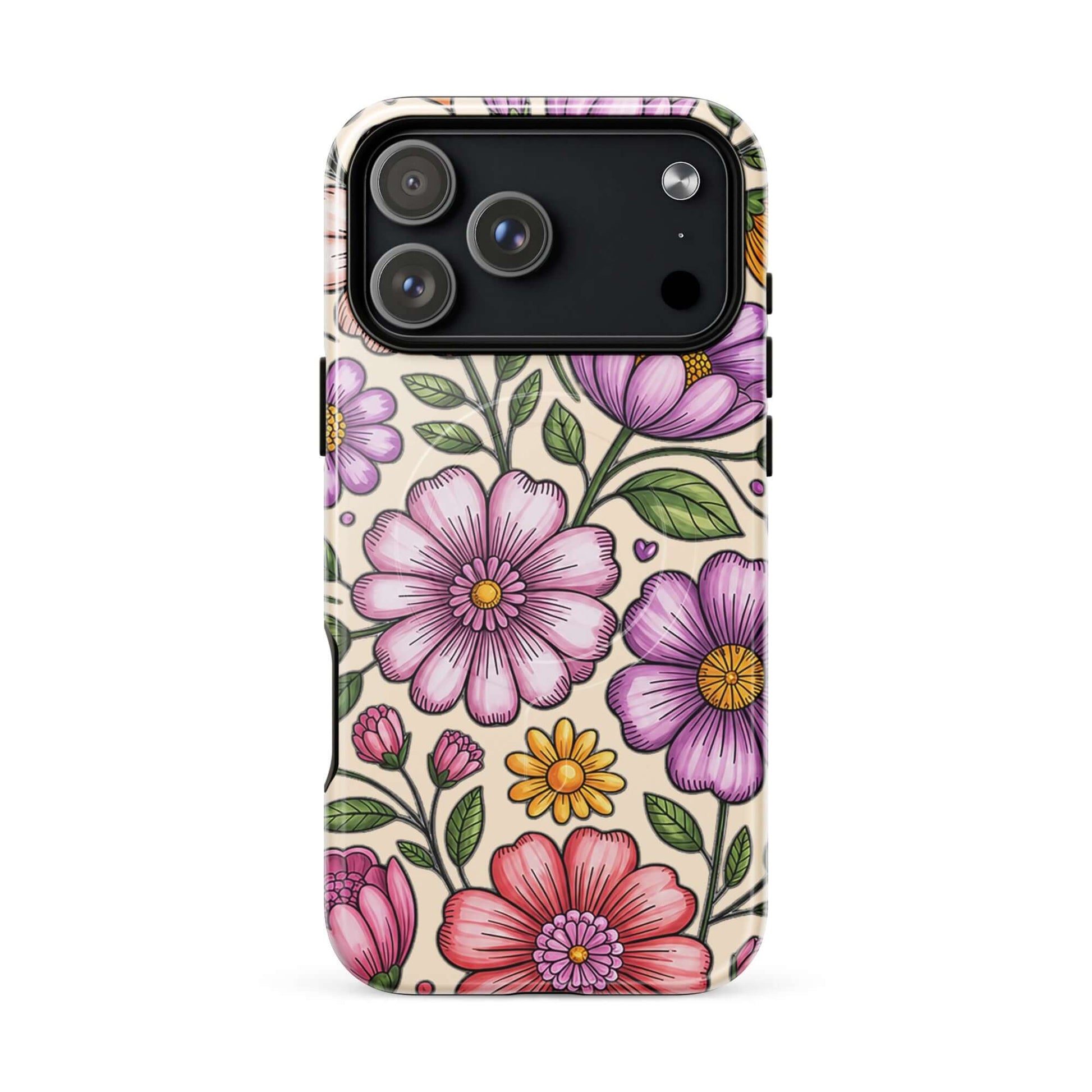 Magnetic Phone Case with pastel floral design featuring pink, peach, lavender, and yellow flowers on a durable polycarbonate shell.