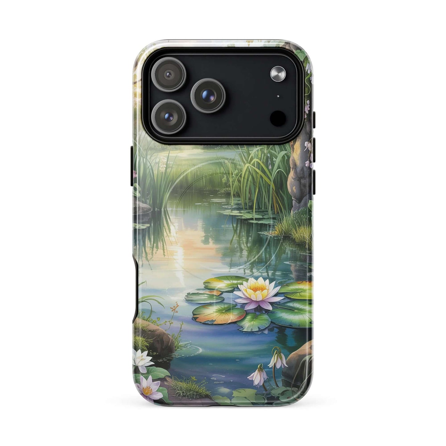 Magnetic Phone Case for iPhone featuring enchanted pond design with lily pads and sunset reflections.