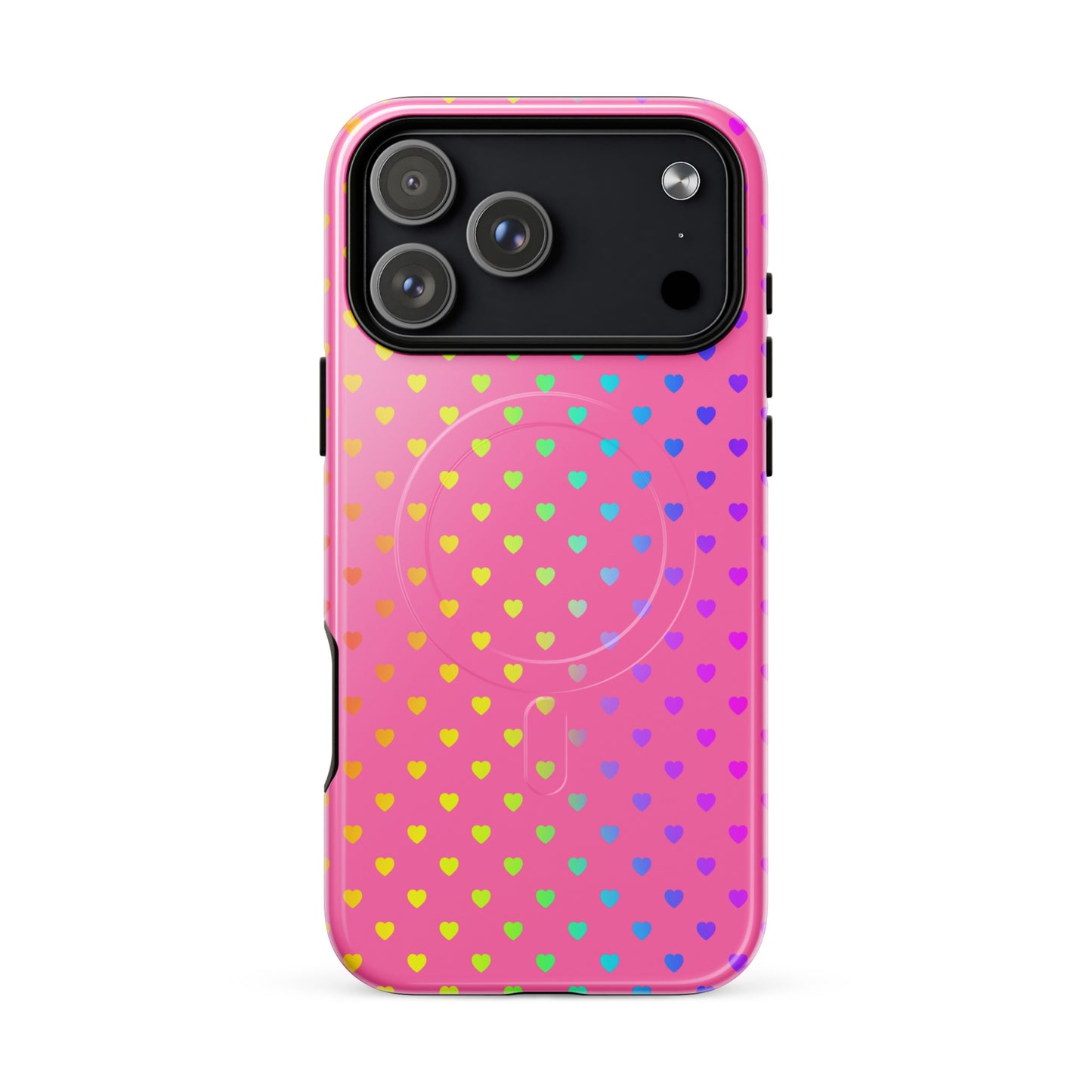 Magnetic Phone Case for iPhone with cute rainbow hearts on pink background