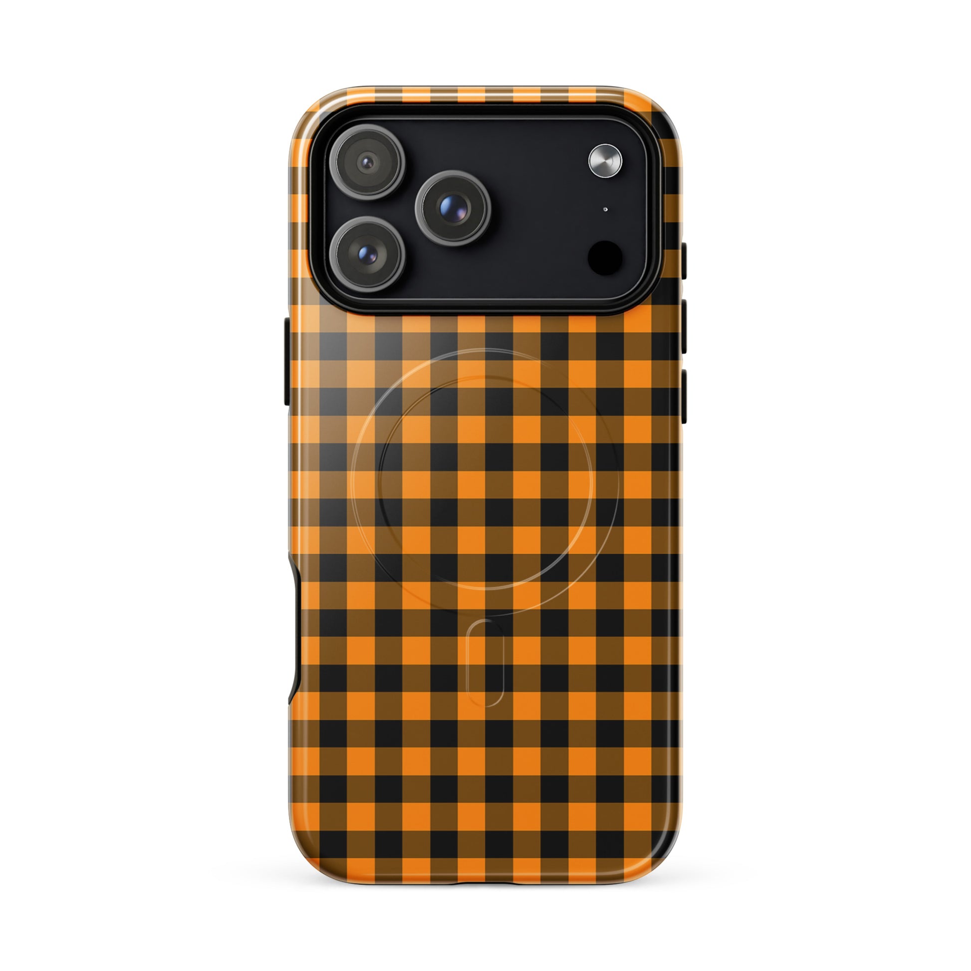 Magnetic Phone Case for iPhone with black-and-orange gingham Autumn theme, stylish and durable design.