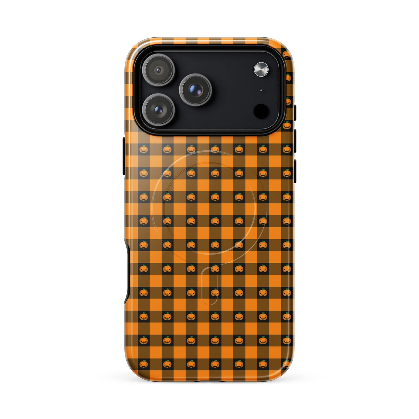 Magnetic Phone Case for iPhone with Halloween pumpkin gingham design, festive and fun accessory for seasonal celebration.