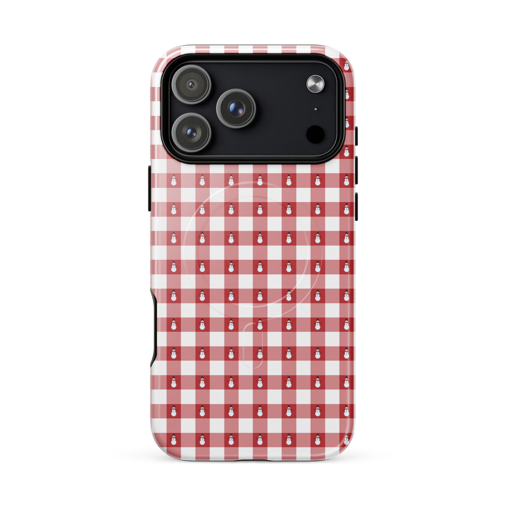 Magnetic Phone Case with red-and-white gingham snowman design for festive iPhone protection