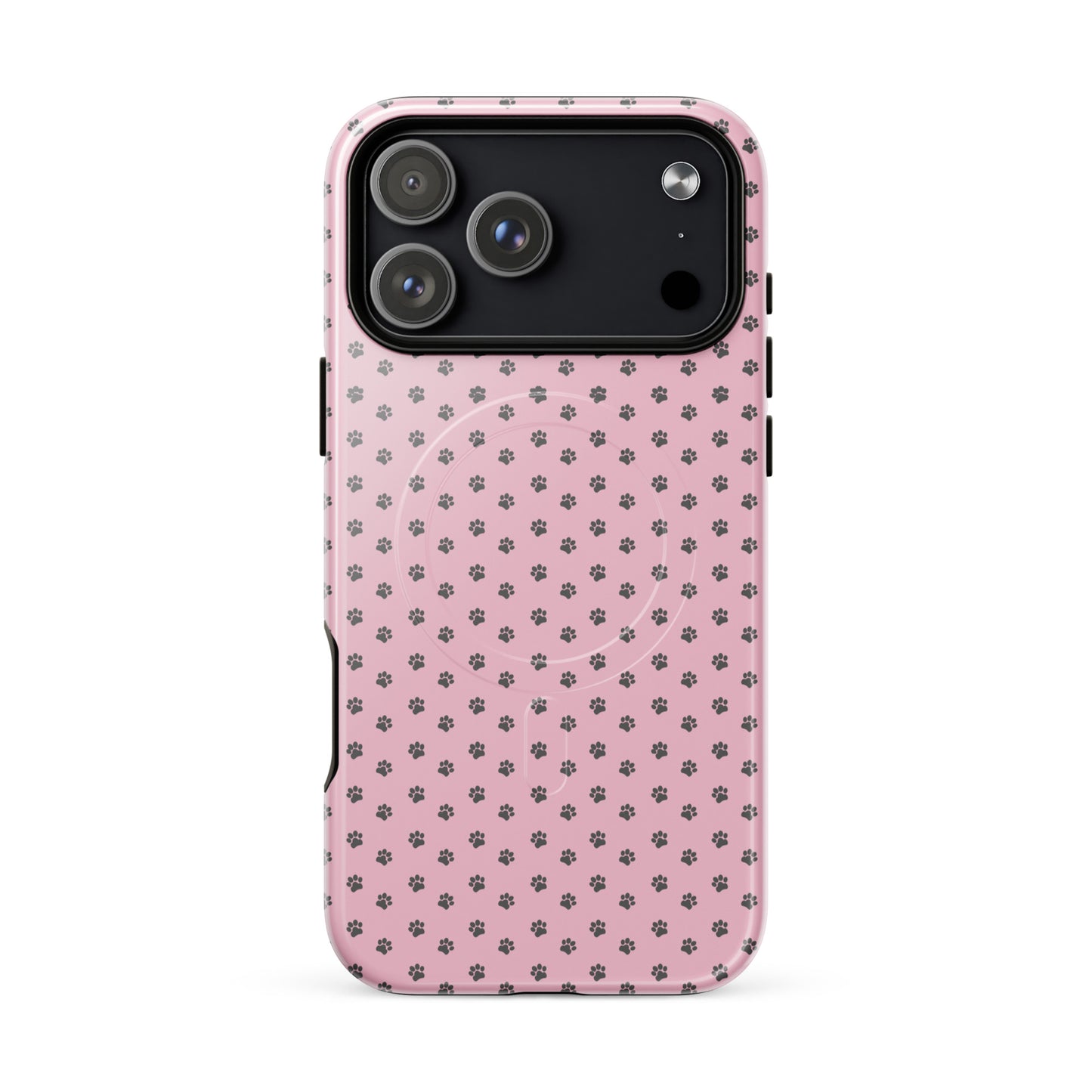 Magnetic Phone Case with paw-print design on pink background for iPhone, offering playful protection and style for pet lovers.