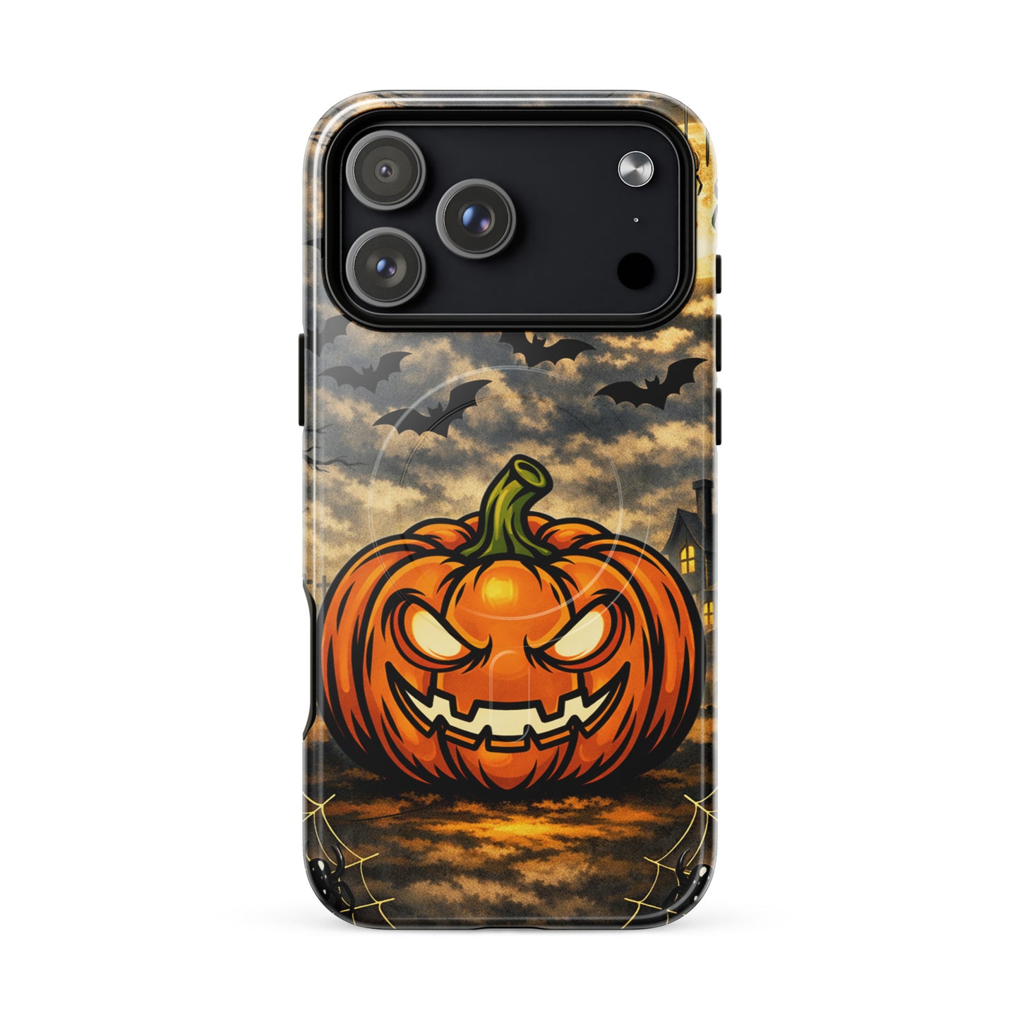 Magnetic Phone Case with haunted Halloween design featuring a glowing pumpkin, swirling bats, and moonlit clouds for iPhone.