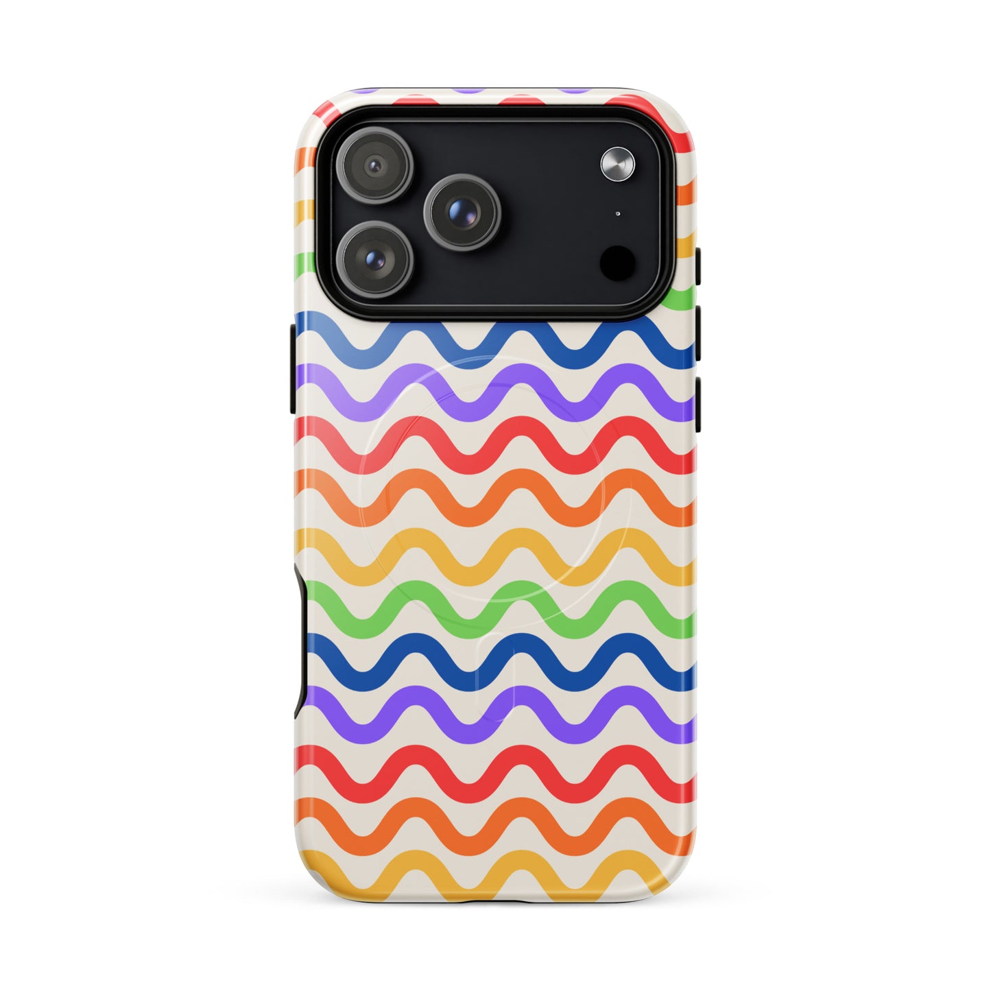 Magnetic Phone Case with wavy rainbow pattern for iPhone, providing vibrant design and strong protection.